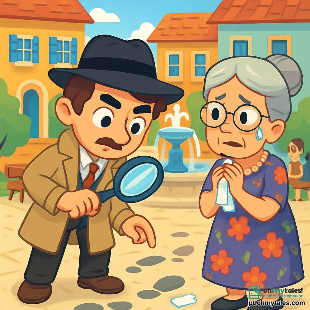 Um detetive homem, Léo, está de pé no centro da cena, com um olhar determinado e curioso. Ele usa um chapéu preto, um casaco bege e segura uma lupa na mão direita, examinando o chão com atenção. Seus cabelos castanhos estão ligeiramente despenteados, e ele tem um pequeno bigode que lhe dá um ar travesso. Ao lado dele está a senhora Matilde, uma mulher de cerca de 70 anos, com cabelo grisalho preso em um coque, vestindo um vestido florido. Seus olhos estão embaçados de lágrimas e ela olha para Léo com esperança, suas mãos trêmulas segurando um lenço. A cena ocorre em uma bonita praça central, cercada por edifícios coloridos com janelas azuis e amarelas. Uma fonte de pedra se destaca no meio, com água brilhante jorrando, e bancos de madeira estão espalhados ao redor, onde transeuntes curiosos observam a cena. Léo investiga o roubo do colar de diamantes de Matilde, examinando o chão em busca de pistas, enquanto Matilde, preocupada, lhe conta o que aconteceu. Impressões de pegadas e um pedaço de papel rasgado são visíveis na calçada, aumentando o mistério da situação.