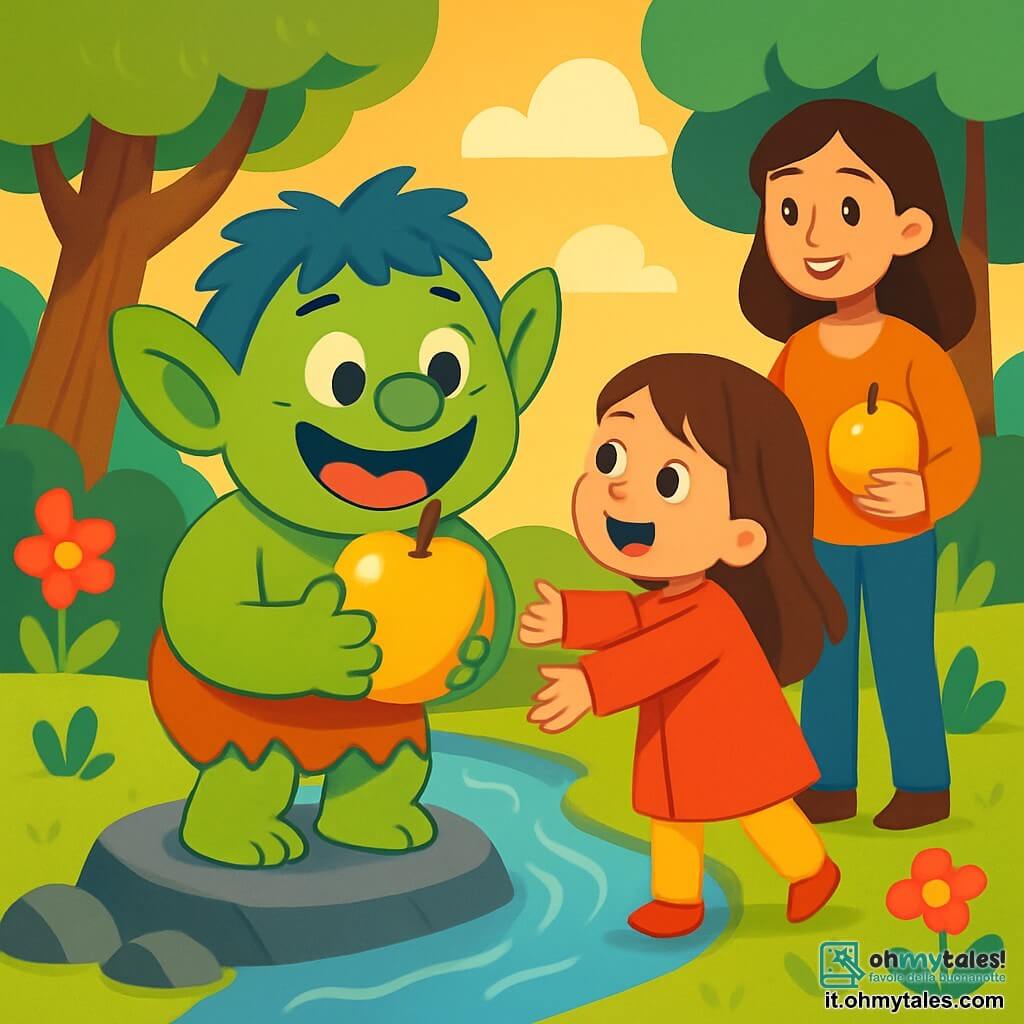 Un troll gioioso di nome Trombo, con la pelle verde brillante e orecchie rotonde, sorride mentre tiene in mano una grande mela dorata. I suoi occhi brillano di felicità e si trova su una pietra accanto a un ruscello. Accanto a lui, una bambina di 6 anni, Sofia, indossa un cappotto rosso vivo e ha lunghi capelli castani. Guarda Trombo con meraviglia, pronta ad abbracciarlo. Sua madre, una donna sorridente di circa 30 anni, è un po' indietro con un'espressione di orgoglio, tenendo un'altra mela dorata. Il luogo è un bosco incantato, con alberi maestosi e fiori colorati che danzano al vento. Un ruscello scintillante scorre dolcemente, riflettendo il cielo blu. La scena principale mostra Trombo, Sofia e sua madre che condividono un momento di gioia, celebrando la loro amicizia gustando le mele dorate sotto il sole del pomeriggio, circondati dalla magia del bosco.