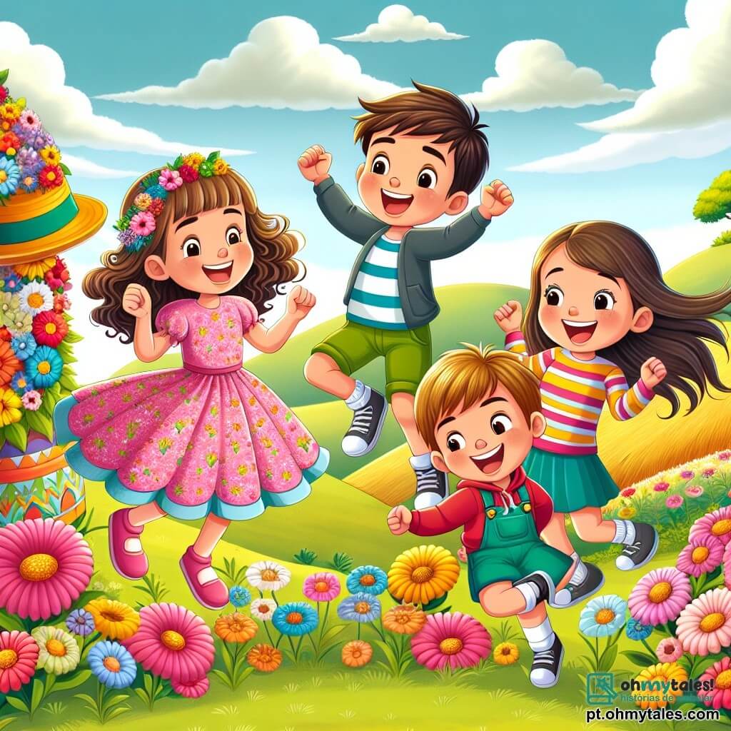 Em um campo florido, quatro amigos estão juntos, cercados por flores coloridas. Ana, com cabelos castanhos e cacheados, usa um vestido rosa com estampas de flores e sorri alegremente. À sua direita, Pedro, com cabelos loiros e curtos, veste uma camiseta azul e um short verde, rindo muito. À esquerda, Lúcia, com cabelos longos e lisos, usa uma saia amarela e uma blusa listrada, pulando de alegria. Por fim, João, com cabelos castanhos e bagunçados, dança com um grande sorriso, vestido com um moletom vermelho e calças pretas. O local é um campo ensolarado, cheio de flores multicoloridas que dançam ao vento, sob um céu azul com nuvens brancas. Ao fundo, vêem-se colinas verdes e uma árvore majestosa que oferece sombra. A cena principal mostra os quatro amigos celebrando seu festival de sorrisos, rindo e dançando juntos, enquanto uma luz mágica emana de um chapéu colorido sobre uma mesa decorada com guloseimas, criando uma atmosfera festiva e encantada.