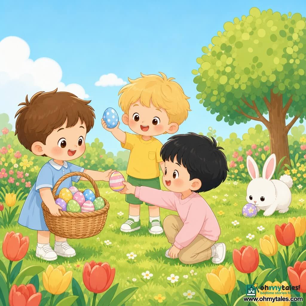 Four characters: a ~5-year-old brown-haired boy in a light blue dress and white sneakers at left holding a large wicker basket of colored eggs; a ~4-year-old blond boy in a yellow T-shirt and green shorts at center proudly showing a shiny blue egg in his right hand; a ~5-year-old black-haired boy in a pale pink sweater and beige pants at right crouching to hand a rolled egg back to the first boy; and a small fluffy white rabbit with pink inner ears behind them near a tree, sniffing and leaving a pastel egg on the grass. Setting: a bright spring garden with tender green lawn, clusters of red and yellow tulips, a small round-leaved tree at right and a pale blue sky with soft clouds. Main scene: three children collecting Easter eggs, one egg rolled and is being returned, joyful pastel colors, rounded shapes, simple silhouettes, soft morning light, warm cozy mood.