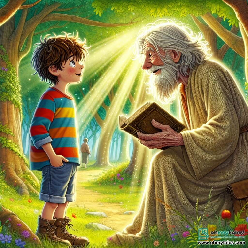 An 11-year-old boy named Oliver stands at the center of the scene, his eyes shining with curiosity and wonder. He has messy brown hair, a colorful striped shirt, and denim shorts. He watches with fascination an ancient sage, Elowen, who is sitting under a large oak tree. Elowen is an elderly man with a long white beard and sparkling wise eyes, dressed in a beige linen robe. He smiles gently at Oliver, holding an old book in his hands, as if about to share a precious secret. The setting is a sunny clearing surrounded by tall trees with vibrant green leaves, with rays of light filtering through the branches, creating a magical and peaceful atmosphere. Colorful wildflowers dot the ground, adding a touch of color to the scene. The main situation shows Oliver, amazed, listening attentively to Elowen, who speaks to him about the mysteries of life and the quest for truth, while a gentle breeze makes the leaves dance around them, enhancing the enchanted mood of this moment of discovery and wisdom.