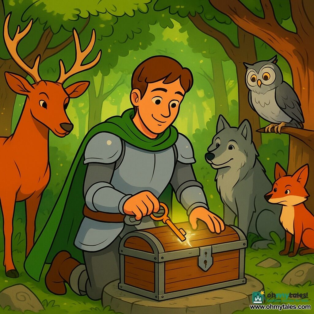 The main character is a thirty-year-old knight with a gentle face and short chestnut hair, wearing a simple green cloak and light shiny armor, serenely smiling as he inserts a small emerald-adorned key into an ancient wooden chest on a circular stone pedestal in a magical forest glade with mossy ground and carved stones; a majestic stag bows to his left, a wise old owl perches on a branch to the right, a friendly gray wolf sits protectively behind him and a sly red fox appears along the path in the background, while golden light filters through tall gnarled trees and a silver glow begins to envelop the chest as the animals watch admiringly; colorful style, clean outlines, warm exaggerated expressions, composition centered on the knight and chest.