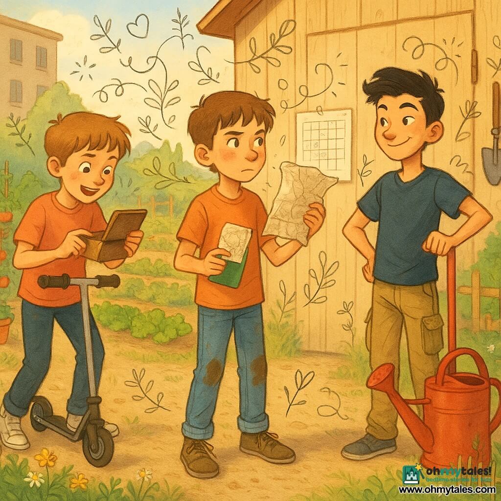 There are three children: Milo — about 11, short brown hair, dirt on his jean knees, standing center holding a crumpled map in one hand and a small green notebook in the other, focused on a paper calendar pinned to a light wooden shed; Jayden — about 11, tall for his age, slightly styled black hair, standing right with one hand on a red watering can and the other on his hip, mischievous smile; Noah — about 11, light brown hair, standing left with his scooter beside him holding an open rusty tin box, amazed at the notes inside. The setting is a sunny community garden between buildings with dirt paths, rows of tomatoes and lettuce, colorful pots, wildflowers, a small wooden fence, textured wood grain and varied green leaves with soft tree shadows. The scene shows the boys organizing an exploration relay: Milo points to the map and writes in the notebook, Jayden stands guard with the watering can like a flag, Noah displays the box of clues; warm late-afternoon light and small doodles of leaves, arrows and stars around them suggest creativity and adventure.
