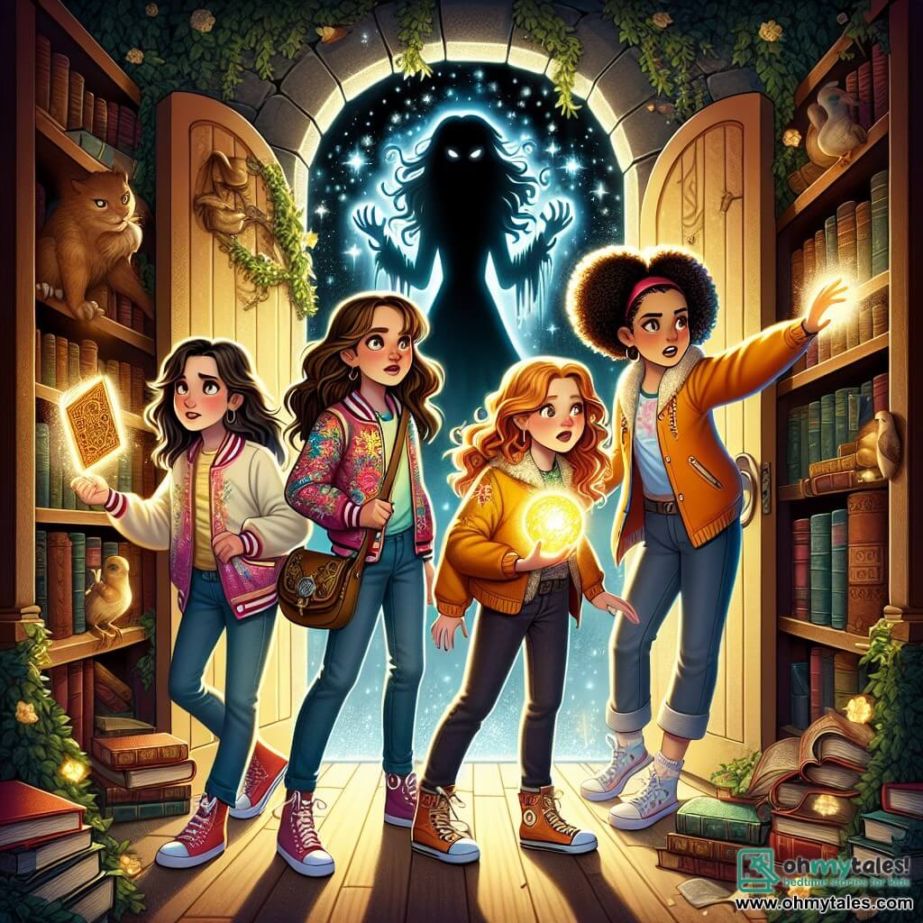 In the center of the image, four young heroines stand bravely at the threshold of a mysterious door. Mara, an 11-year-old girl with brown hair and sparkling eyes, wears a colorful jacket and holds a glowing orb in her hands. To her right, Lila, a shy girl with blonde hair and round glasses, watches in awe, her hands clasped around an ancient book. On the left, Tessa, a fearless girl with red hair and freckles, stands ready to move forward, a determined expression on her face. Finally, Anya, a lively girl with curly hair and boundless energy, points toward the ominous shadow looming behind the door. The setting is an ancient library, with stone walls covered in ivy, shelves filled with dusty books, and twinkling lights floating in the air. Shadows dance around them, creating a magical and mysterious atmosphere. The main situation shows the four friends ready to face the guardian of secrets, a dark figure emerging from the darkness, challenging them to prove their courage and unity.