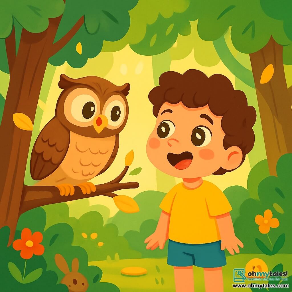 A 4-year-old boy named Jamie, with curly hair and bright star-like eyes, stands in the middle of an enchanted forest. He has a curious big smile on his face, his cheeks flushed with excitement. Jamie is wearing a bright yellow t-shirt and blue shorts, and he gazes in wonder at a wise owl perched on a branch. The owl, with soft brown feathers and big mischievous eyes, sits low on a branch, seemingly talking to Jamie and slightly leaning towards him as if sharing a secret. The scene takes place in a lush forest with tall majestic trees, their green leaves gently dancing in the wind. Sunlight filters through the foliage, creating golden light spots on the leaf-covered ground. In this main situation, Jamie listens attentively to the owl, who is explaining why leaves fall from trees. The atmosphere is magical and full of curiosity, with colorful flowers and small animals observing the scene with interest.