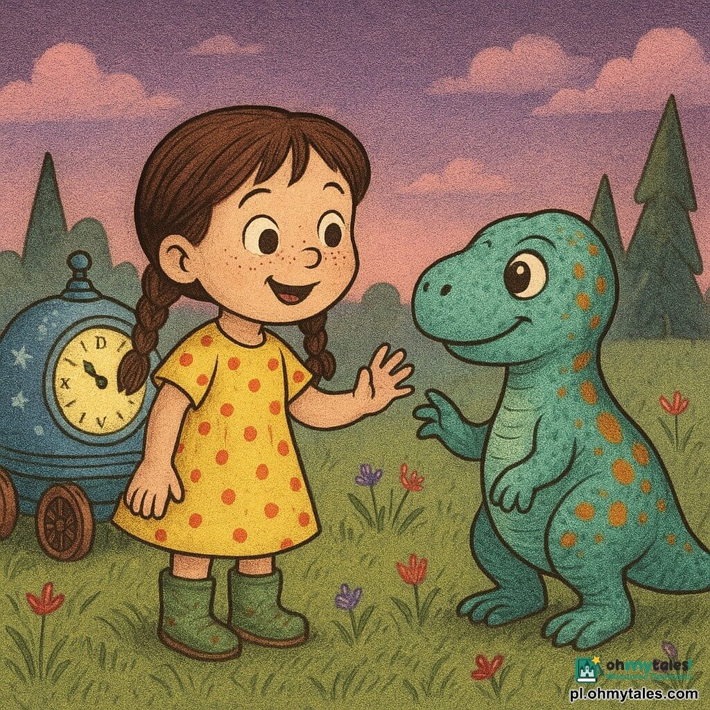 Czterolatka o okrągłej twarzy i piegach, brązowe włosy w dwóch warkoczach, uśmiechnięta i zachwycona, wyciąga rękę do małego przyjaznego dinozaura wielkości dużego psa, turkusowego ze pomarańczowymi plamami, podnoszącego łapę; ma na sobie żółtą sukienkę w czerwone kropki i błotniste zielone kalosze; za nią po lewej stoi okrągła metalowa maszyna czasu z dużą świecącą tarczą zegara, drewnianymi kołami, niebieskimi światełkami i malutkimi gwiazdkami; miejsce: trawiasta polana z czerwonymi i fioletowymi kwiatami, drzewa przypominające olbrzymie kredki i fioletowe zmierzchowe niebo z różowymi chmurami; scena: dziewczynka odkrywa dinozaura, sięga, by dotknąć jego łapy, maszyna delikatnie migocze, atmosfera łagodna i bezpieczna, żywe kolory i ostre kontury jak druk na papierze gazetowym.