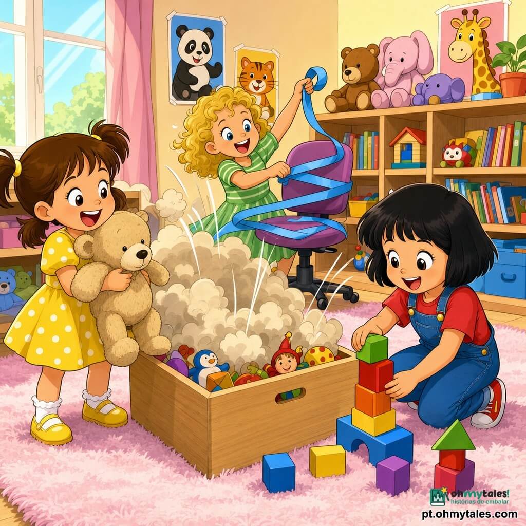 Há três meninas de 4 anos: Lia, cabelos castanhos em rabos, vestido amarelo com bolinhas brancas, segura um grande urso de peluche bege à esquerda da caixa de brinquedos; Bia, cabelos pretos curtos, camiseta vermelha e jardineira jeans, empilha blocos coloridos à direita, ligeiramente agachada; Nani, cabelos loiros encaracolados, vestido verde às riscas, enrola uma fita azul numa cadeira com rodas atrás da caixa, rindo. Cena numa sala de jogos luminosa com tapete rosa claro, estantes de madeira com peluches e livros, grande janela e posters de animais sorridentes; as três irmãs estão reunidas em torno de uma caixa de brinquedos de madeira aberta de onde sai uma nuvem de pó cartoon e um som “PUM-PUF”, olhando curiosas e maravilhadas, com cores vivas e contornos nítidos, atmosfera alegre.