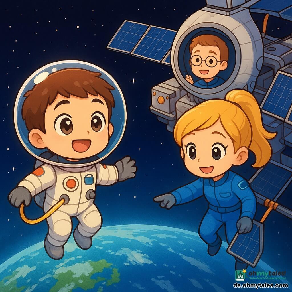Ein staunender Junge-Astronaut mit kurzem braunem Haar und großen runden Augen in weißem Raumanzug mit bunten Abzeichen schwebt an einer gelben Leine und blickt auf die Erde; eine etwa 32-jährige Kollegin im blauen Anzug mit blondem Pferdeschwanz steht an der Lukenöffnung und sichert ein Solarpanel, lächelt und zeigt zur Erde; ein etwa 40-jähriger Kollege mit rundem Gesicht und Brille winkt aus der Beobachtungskuppel; Außenansicht der ISS mit glänzender grauer Metalloberfläche, dunkelblauen Solarpaneelen, orangefarbenen Schrauben, blauerweißer Erde darunter und funkelnden Sternen; Hauptsituation: chibi-kawaii-Weltraumausstieg, Staunen, schwebende Figuren, sanfte Gesten, leuchtende Farben, abgerundete Konturen, steil zur Erde gerichtete Perspektive; Stil: klare Linien, satte Farben, glatte Texturen, weiche Beleuchtung mit Reflexen auf den Helmen.