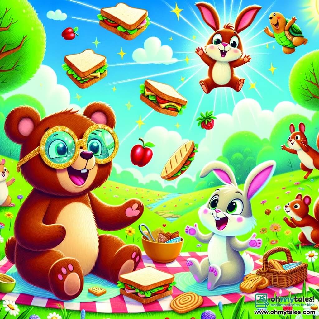 In a sunny meadow, a teddy bear named Benny, with soft brown fur, wears sparkling magical glasses. He has a big amazed smile on his face as he watches flying sandwiches in the air. Next to him, Lily the rabbit, with large ears and white fur, joyfully hops, her eyes sparkling with surprise. Max the squirrel, with his red fur and bushy tail, tries to catch a sandwich while laughing, and Toby the turtle, with his green shell and a amused expression, gently floats in the air, glasses on his head. The setting is a colorful meadow filled with dancing flowers and swaying trees under a bright blue sky. The scene shows Benny and his friends having a wacky adventure, surrounded by floating food and laughter, illustrating the magic and absurdity of their enchanted picnic.