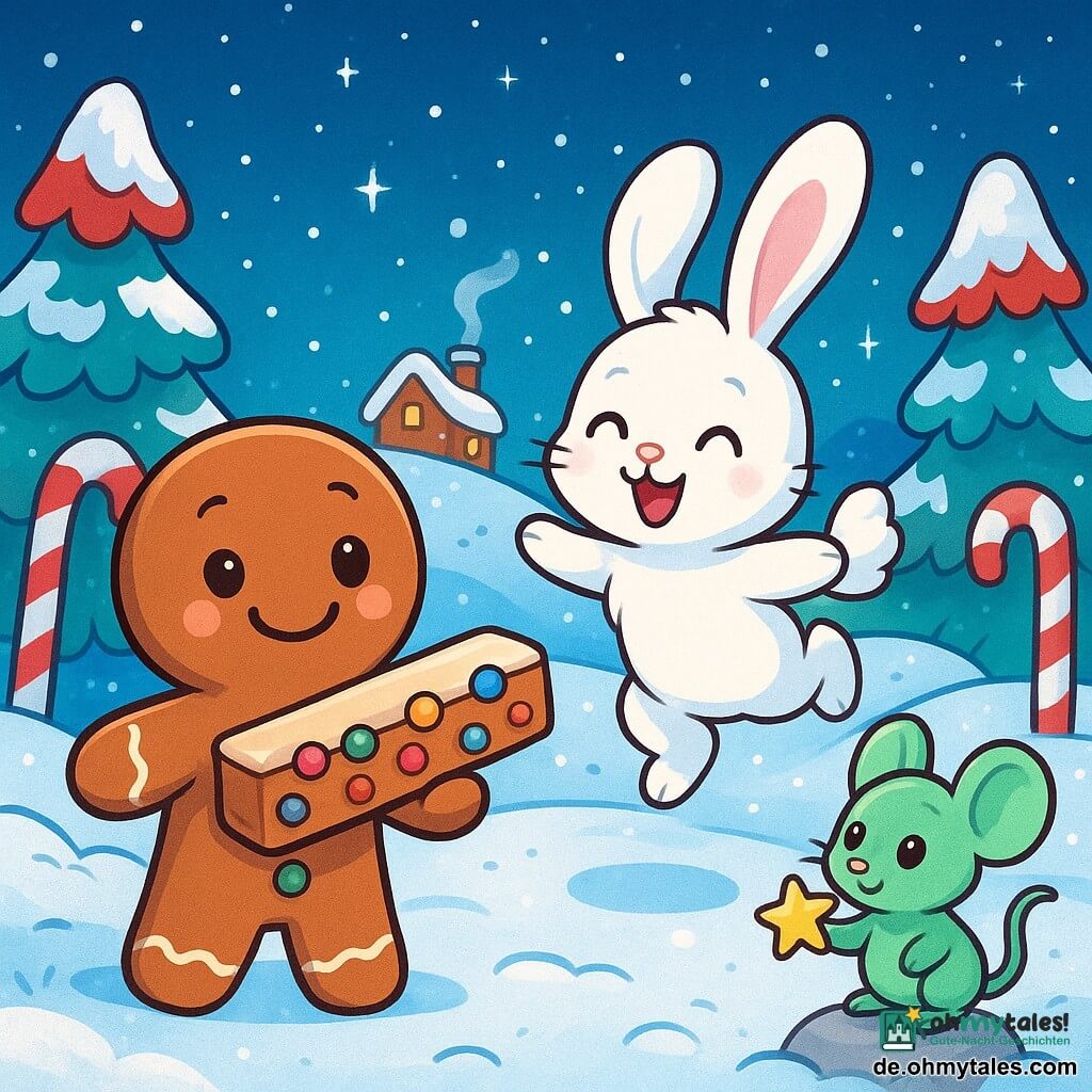 Ein kleiner Lebkuchen namens Herzchen, mit einem Zuckerlächeln und strahlenden Augen, steht im Mittelpunkt der Szene und hält ein mit Zuckerkugeln dekoriertes Nougatband. Neben ihm hüpft eine süße Marshmallow-Häsin namens Mallow, mit weichem, schneeweißem Fell und großen Ohren, die in der Luft flattern, vor Freude und steckt an. Eine kleine Pfefferminzmaus mit mintgrünem Fell und leuchtenden Augen schaut neugierig von einem kleinen Stein aus zu, während sie einen kleinen Zuckerstern hält. Die Szene spielt in einem zauberhaften Winter, umgeben von Zuckerstangenbäumen, die mit glitzerndem Schnee bedeckt sind, und einem sternenklaren Himmel, der die Landschaft in sanftem silbernen Licht erstrahlen lässt. In der Ferne sieht man den Gipfel eines Zuckergipfels, wo Elvinas Haus steht, umgeben von sanft fallenden Schneeflocken. Die Hauptsituation zeigt Herzchen und seine Freunde, die eine schöne Überraschung für Elvina vorbereiten, mit Lachen und fröhlichen Gesten, erfüllt von festlicher Wärme und aufrichtiger Freundschaft.