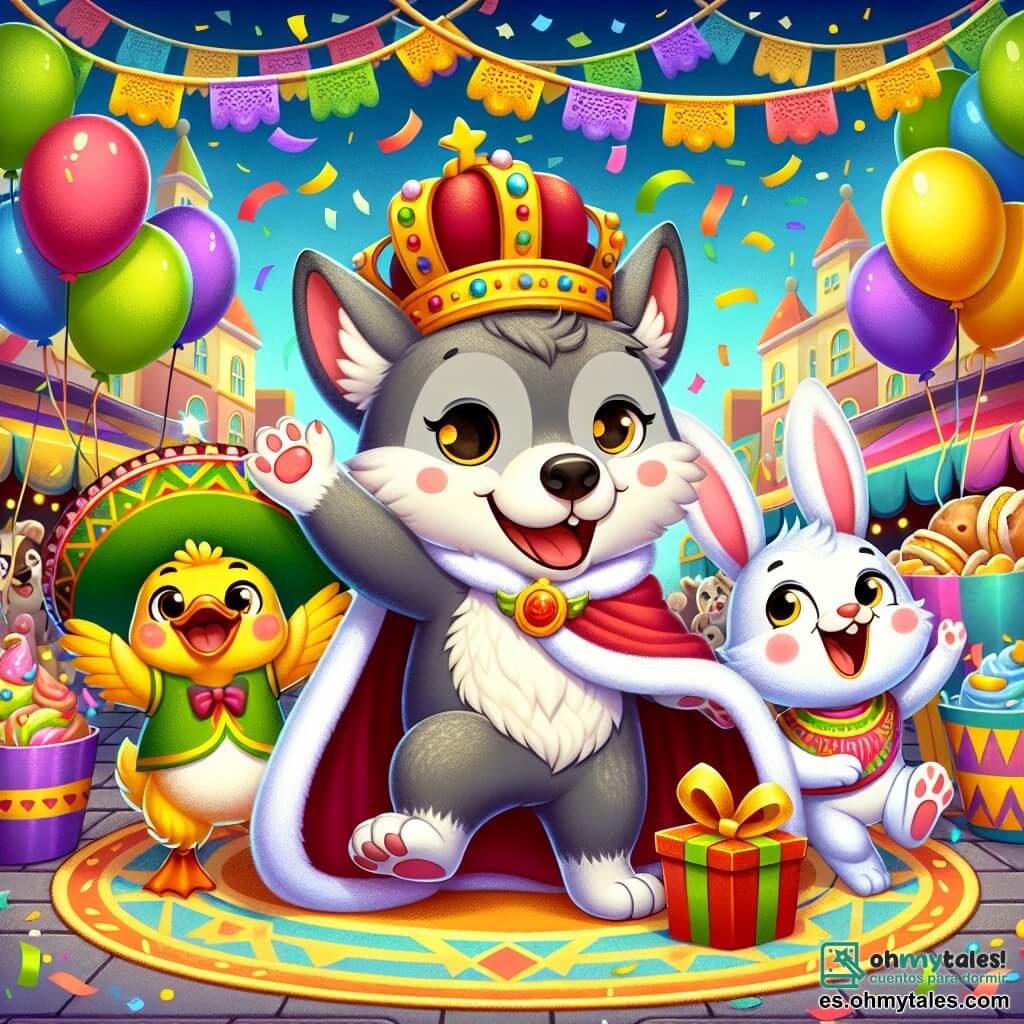 Un pequeño lobo, vestido con un traje de rey con una corona dorada y una capa roja, sonríe con entusiasmo mientras sostiene un gran sombrero colorido. A su lado, una alegre conejita de grandes orejas y pelaje blanco, que baila feliz, y un pato de plumas amarillas y verdes, que aplaude con una gran sonrisa. El decorado es una plaza de carnaval animada, llena de globos coloridos, serpentinas flotantes y mesas de dulces, bajo un cielo azul brillante. En el centro, el pequeño lobo y sus amigos descubren una caja brillante, rodeados de confeti que cae como estrellas. Todos están celebrando y compartiendo su tesoro, llenos de alegría y amistad.