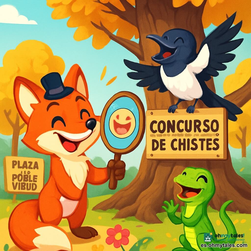 Un zorro travieso, Timo, con un pelaje pelirrojo brillante y una cola espesa, lleva un pequeño sombrero de mago. Muestra una gran sonrisa pícara, sosteniendo un espejo brillante que refleja imágenes divertidas. A su lado, una urraca de plumas negras y blancas, Matilde, se aferra a una rama, riendo a carcajadas con ojos chispeantes de alegría. Un poco más lejos, Lila, una lagartija verde con escamas brillantes, aplaude con entusiasmo, su pequeña cola moviéndose de emoción. La escena se desarrolla en la encantadora plaza del Roble Viejo, rodeada de grandes árboles con hojas doradas, donde flores coloridas bailan al ritmo del viento. En el centro, un gran roble majestuoso, con raíces retorcidas, sirve de escenario para el concurso de chistes. Timo, con su espejo mágico, está listo para hacer reír a todos los animales del bosque con sus travesuras, mientras las risas resuenan a su alrededor.