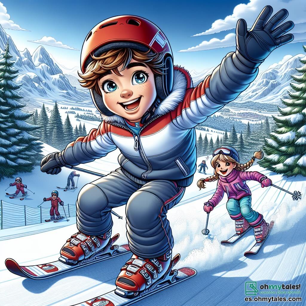 Un chico de 12 años, Lucas, con el cabello castaño desordenado y ojos brillantes de determinación, está bajando una pista de esquí nevada. Lleva un casco rojo brillante y un traje de esquí azul, su rostro radiante de emoción y alegría. A unos metros detrás de él está Clara, una chica de 12 años con trenzas rubias y una sonrisa alentadora, vestida con un traje de esquí rosa. Ella levanta los brazos en señal de ánimo, lista para unirse a él en la pista. El paisaje es una hermosa montaña cubierta de nieve, con pinos verdes oscuros dispersos y un cielo azul brillante con algunas nubes blancas. A lo lejos, se pueden ver otros esquiadores divirtiéndose en la pista, creando un ambiente alegre y dinámico. La situación principal muestra a Lucas en plena bajada, con los brazos extendidos para mantener el equilibrio, mientras se prepara para saltar sobre un pequeño trampolín, ilustrando el espíritu de aventura y camaradería entre él y Clara.