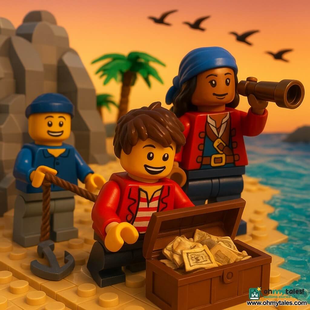 A smiling young pirate with messy brown hair and a red-striped jacket kneels by an open chest of crumpled paper maps and small books, amazed; Captain Molly, about 30, with a determined warm face and blue headscarf, stands behind him on the sand holding a plastic spyglass and looking to the horizon; First Mate Sam, about 14, laughing with a sailor hat, gently pulls an anchor rope left of the chest; the scene is a rocky cove with rounded grey brick rocks, light yellow tiled sand, stacked-piece green palm trees and small translucent blue brick waves, black frigate birds in brick form fly in formation against a pastel-orange sunset; they discover the true treasure—maps and stories—bathed in warm golden light with shiny reflections on the chest; visual style: detailed LEGO diorama, visible studs, smooth plastic textures, centered composition, slight high-angle showing the characters and chest.