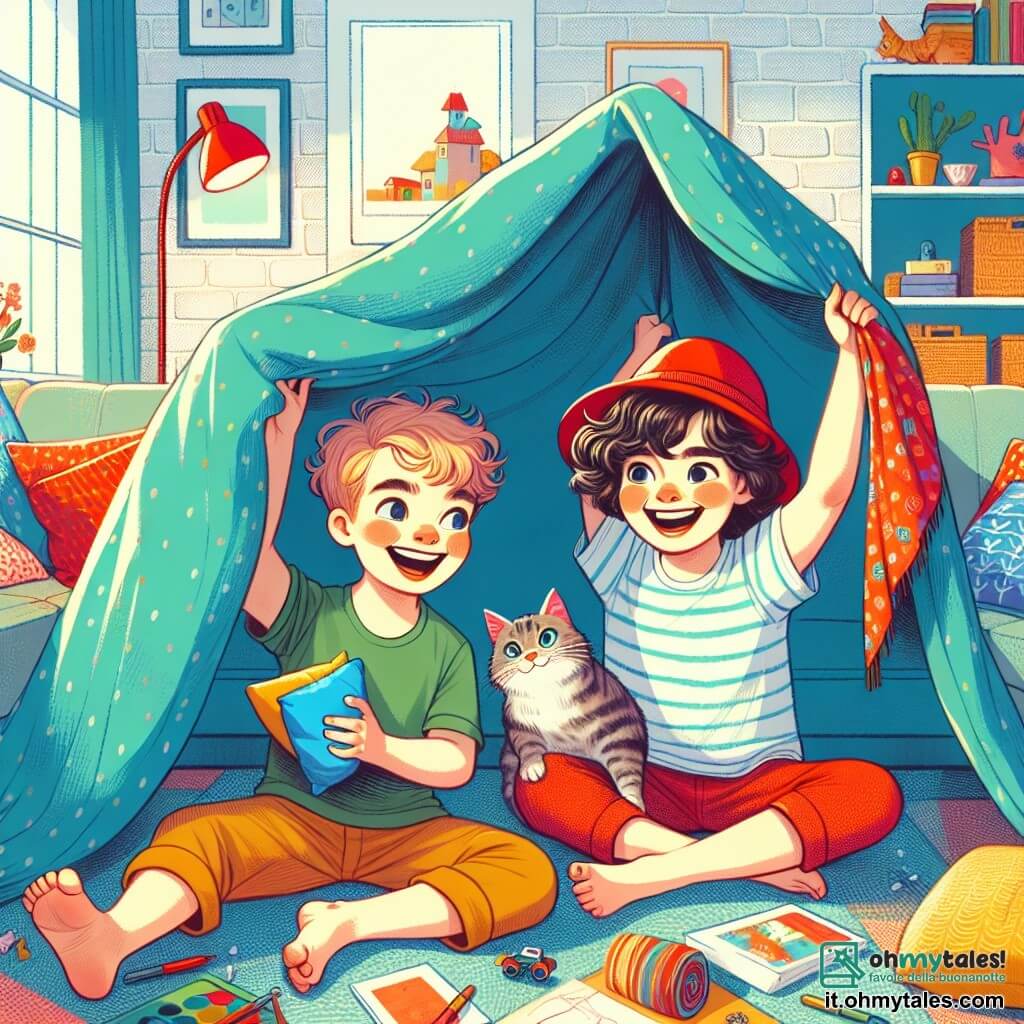 Ci sono due ragazzi, Luca e Marco, di 7 anni. Luca ha i capelli ricci e castani, con un grande sorriso che illumina il suo viso. È accovacciato, tenendo un cuscino blu vivo, pronto a metterlo sul mucchio. Marco, invece, indossa un cappello rosso che gli dà un'aria birichina. È in piedi, mentre tende una coperta colorata per fare il tetto della loro casa di cuscini. La scena si svolge in un salotto accogliente, con un grande divano morbido e tappeti colorati sul pavimento. I giocattoli sono sparsi intorno e la luce del sole filtra attraverso le tende, creando un'atmosfera gioiosa e accogliente. I due amici stanno costruendo una casa di cuscini, circondati da cuscini di tutti i colori. Ridono insieme, mentre un gattino curioso si avvicina, pronto a saltare sui cuscini e far cadere la loro creazione. L'atmosfera è piena di gioia e amicizia, illustrando un momento divertente e pieno di risate tra amici.