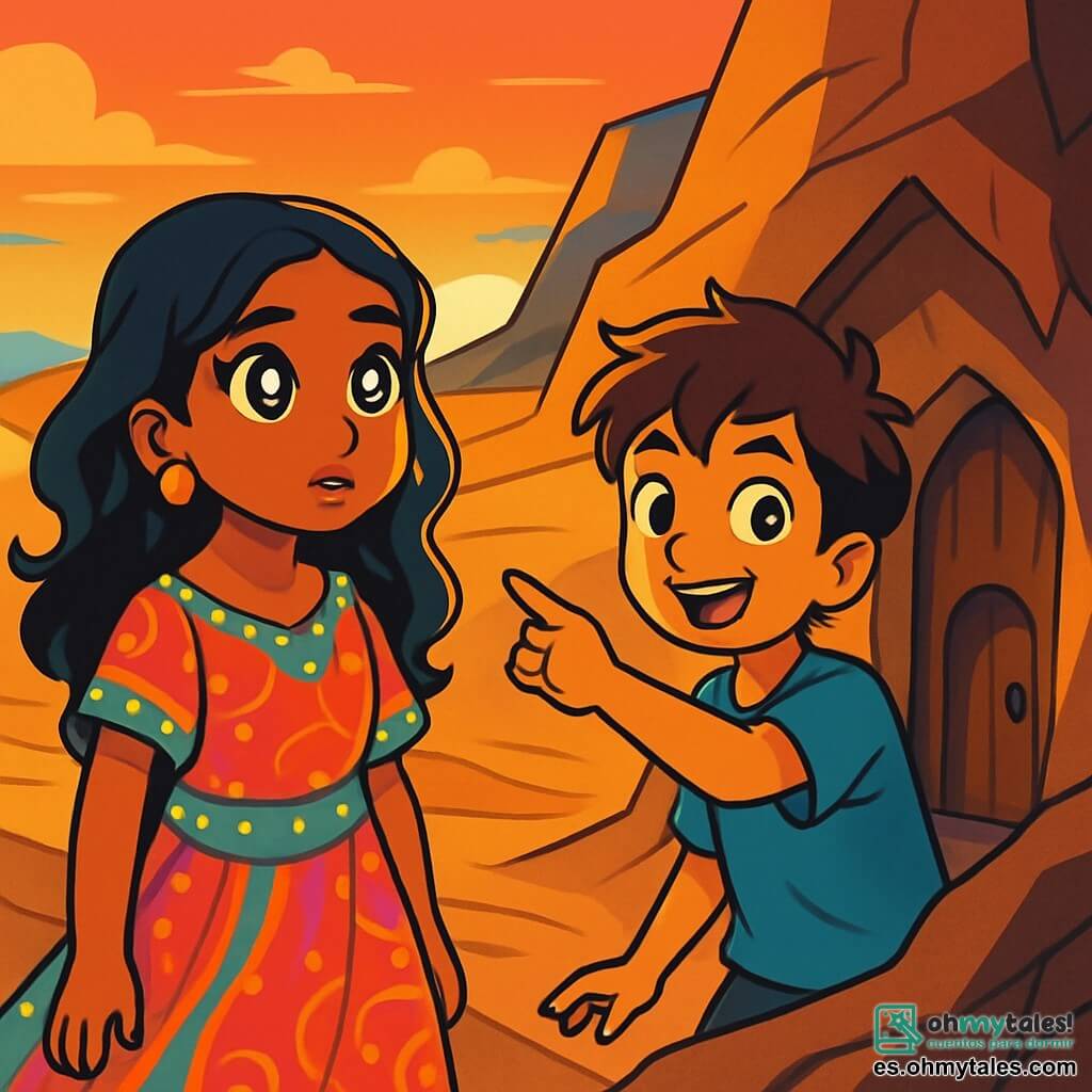 Samira, una niña con ojos brillantes como estrellas, está de pie al borde de un barranco, su rostro iluminado por la luz dorada del sol poniente. Lleva un vestido fluido de colores, adornado con cuentas brillantes, y su expresión es a la vez asombrada y decidida. A su lado, Idris, un niño de diez años con el cabello revuelto y una sonrisa traviesa, señala una puerta secreta oculta en la roca, su mirada llena de emoción. El escenario es un vasto desierto con dunas doradas, donde el viento dibuja patrones en la arena fina, y un cielo azul se tiñe de tonos anaranjados en el horizonte. La escena está llena de misterio y magia, con sombras danzantes creadas por los últimos destellos del día. Samira e Idris descubren juntos la puerta oculta que lleva a la legendaria Ciudad Olvidada, un momento de descubrimiento y aventura, donde la curiosidad y la amistad los guían hacia lo desconocido.