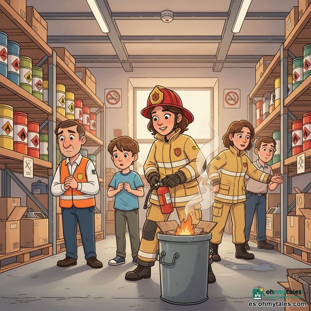 Bombera adulta llamada Clara, rostro dulce pero concentrado, expresión decidida y tranquilizadora, casco rojo y chaqueta protectora amarilla reflectante, sostiene un pequeño extintor pulverizador y apaga una brasa naranja en una papelera metálica, postura estable con rodillas ligeramente flexionadas; niño Nico, ~11 años, sorprendido y admirado, cabello castaño con flequillo, a dos pasos detrás mirando la papelera con manos apretadas; compañera Marta, 30–40 años, mirada seria pero tranquila, uniforme similar, dirige la evacuación señalando hacia la salida y guiando a los trabajadores desde la derecha; Don Julián, hombre de ~50 años con chaleco reflectante naranja, preocupado y apenado, de pie junto a estanterías con manos juntas mirando la papelera; almacén iluminado pero congestionado con estanterías llenas de bidones y cajas, señales de NO FUMAR visibles, suelo de hormigón ligeramente húmedo y detector de humo en el techo; situación: brasa en cartones amenazando aerosoles y bidones, Clara la sofoca mientras Marta organiza la evacuación, Nico observa y Don Julián se lamenta, atmósfera tensa pero controlada con humo leve, iluminación cálida y colores vivos con contornos nítidos, composición centrada en la acción preventiva.