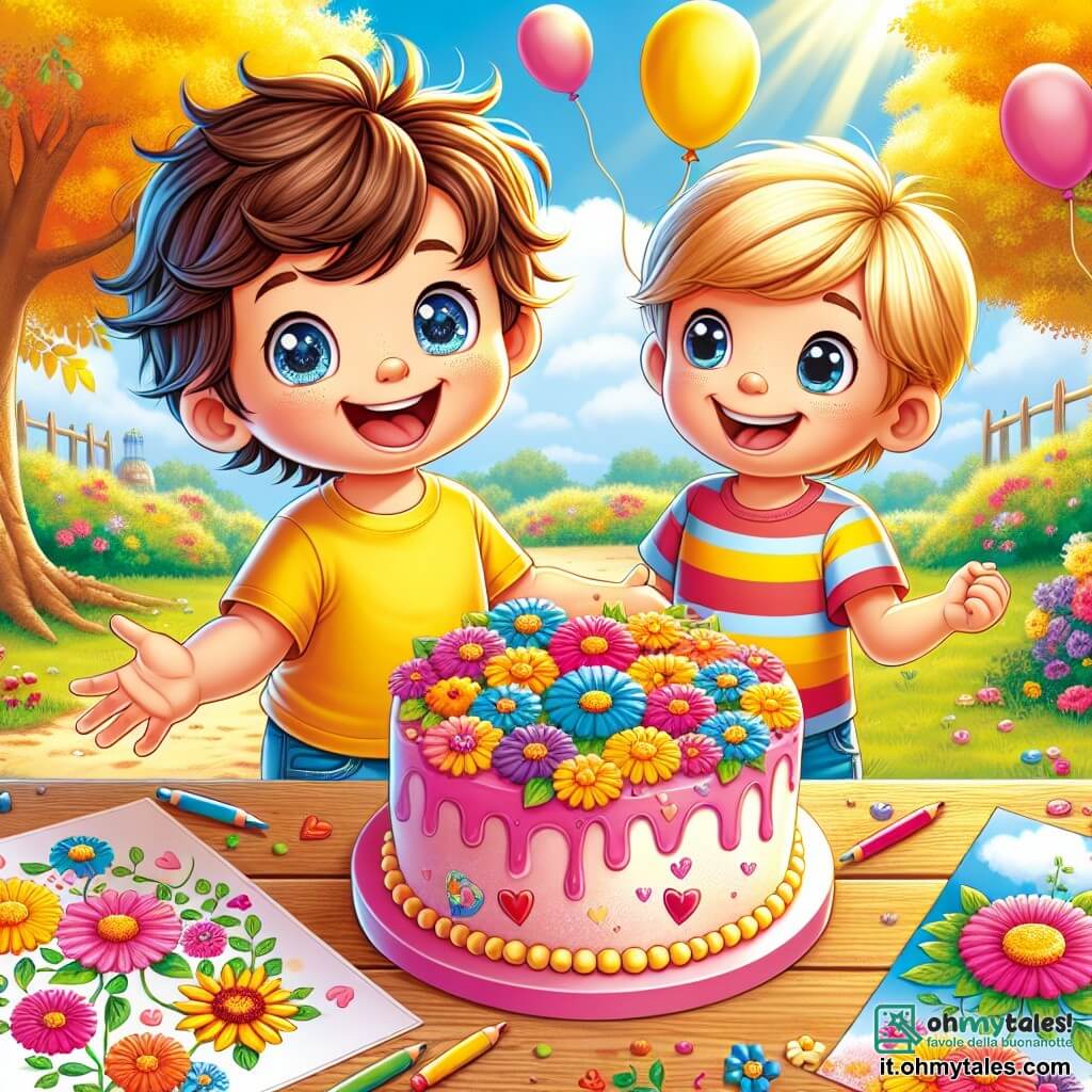 Un bambino di 4 anni, chiamato Luca, ha i capelli castani disordinati e occhi scintillanti di gioia. Indossa una maglietta gialla e un pantaloncino blu, sorridendo ampiamente mentre tiene in mano una bella torta rosa decorata con fiori colorati. Accanto a lui c'è il suo amico Marco, anche lui di 4 anni, con capelli biondi e un berretto rosso. Guarda Luca con un grande sorriso, pronto ad aiutarlo a sorprendere la mamma. La scena si svolge in un parco soleggiato, pieno di verde, con alberi dalle foglie brillanti e fiori colorati che danzano al vento. Palloncini fluttuano nell'aria, aggiungendo un tocco festoso all'atmosfera gioiosa. Luca e Marco stanno preparando una sorpresa per la festa della mamma, con disegni di fiori colorati sparsi su un tavolo di legno, mentre ridono e si divertono insieme, impazienti di rivelare il loro regalo alla mamma di Luca.