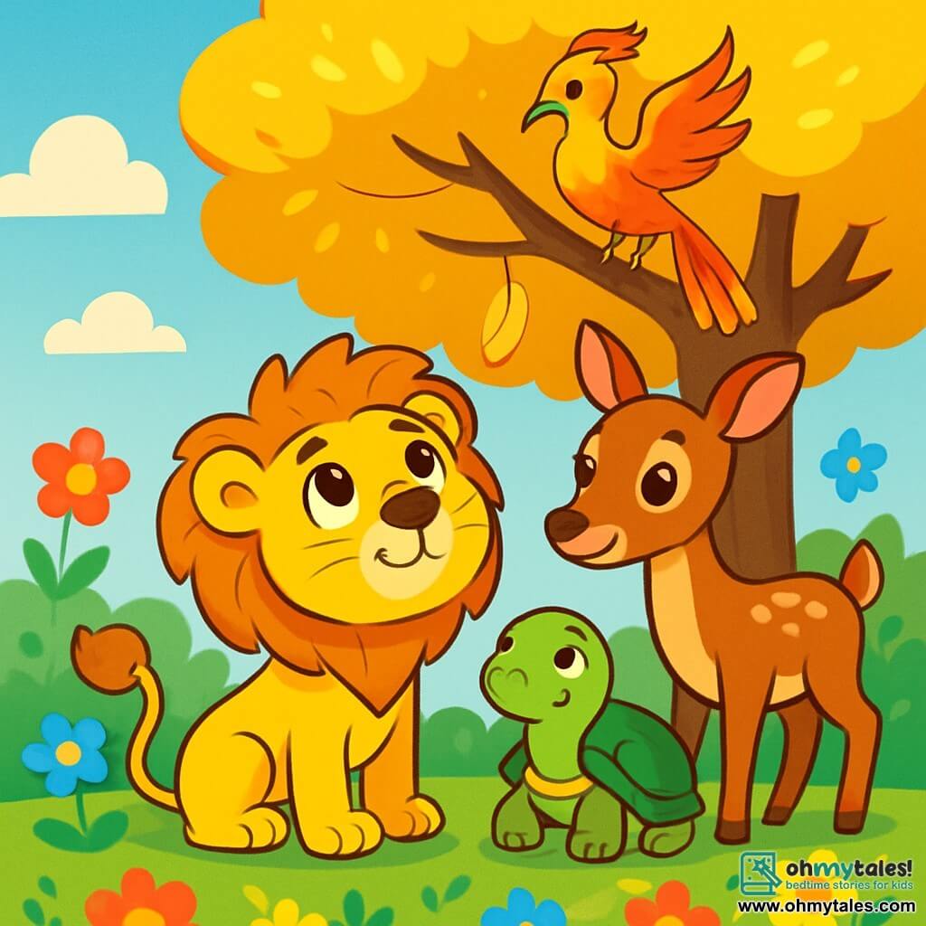 A small lion named Leo, with soft golden fur and a sparkling curious gaze, stands at the center of the scene, his heart beating with excitement. He has a tuft of fur at the end of his tail and his eyes shine with determination as he looks up at the sky. Beside him, Daisy the gentle doe, with her brown coat and big affectionate eyes, leans in to encourage him, her delicate paws on the lush ground. Toby the wise turtle, with his shiny shell and mischievous eyes, stands slightly back, watching with a kind smile. The scene takes place in a magical garden filled with brightly colored flowers—red, blue, yellow, and pink—that dance in the light breeze. A large tree with golden leaves stands majestically at the center, bathed in golden light. Leo, Daisy, and Toby stand before the magnificent tree, Leo looking up with hope, ready to ask for the golden feather from the wise Phoenix perched on a branch.