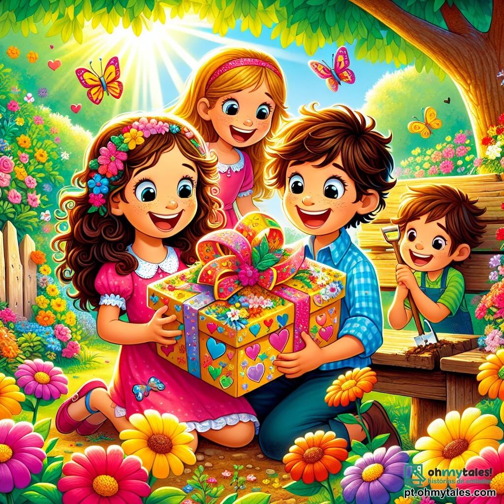 Em um jardim colorido, Lúcia, uma menina de 10 anos com cabelos cacheados e um sorriso radiante, está no centro, segurando um lindo cartão decorado com corações e estrelas. À sua esquerda, Ana, uma menina de 9 anos com cabelos longos e lisos, usa um vestido rosa e olha para o cartão com admiração. À direita, Tomás, um menino de 10 anos com cabelos castanhos bagunçados, sorri segurando uma pequena pá, pronto para ajudar a plantar flores. O jardim está cheio de flores vibrantes de todas as cores, com borboletas voando ao redor. Um velho banco de madeira está sob uma grande árvore, e raios de sol filtram pelas folhas, criando uma atmosfera calorosa e alegre. A cena principal mostra Lúcia, cercada por seus amigos, preparando um presente especial para seu pai, com risadas e um clima de camaradagem.