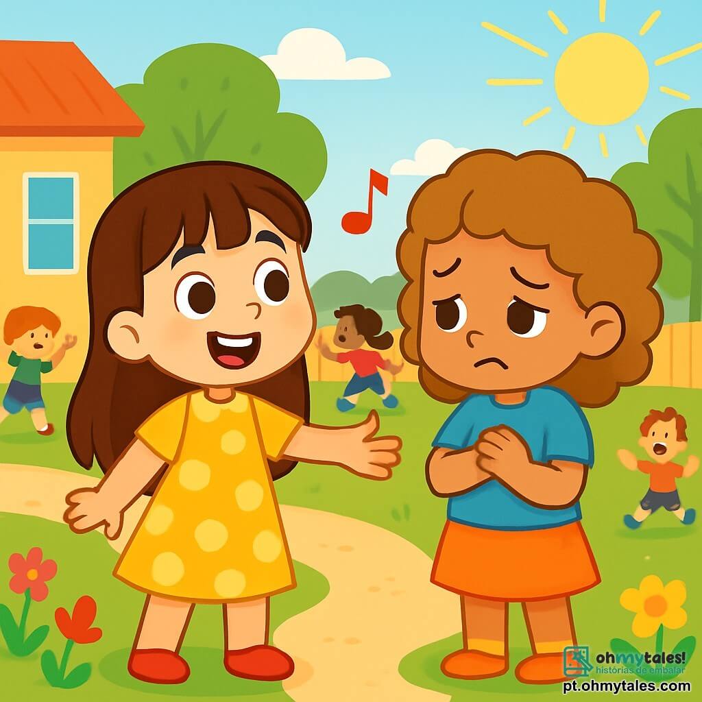 Uma menina de 4 anos, Sofia, com cabelos longos e castanhos e olhos cheios de curiosidade, está no centro da cena. Ela veste um vestido amarelo de bolinhas e sorri amplamente, cheia de determinação e alegria. Ao lado dela, sua melhor amiga Luísa, também de 4 anos, tem cabelos cacheados e olhos tristes. Ela usa uma camiseta azul e olha timidamente para o chão, com as mãos cruzadas sobre o peito. A cena acontece em um pátio de escola ensolarado, cercado por árvores verdes e flores coloridas. Crianças brincam ao fundo, rindo e se divertindo. Sofia estende a mão para Luísa, encorajando-a a cantar juntas. A atmosfera é calorosa e amigável, com raios de sol iluminando o momento precioso em que Sofia ajuda Luísa a superar seu medo.