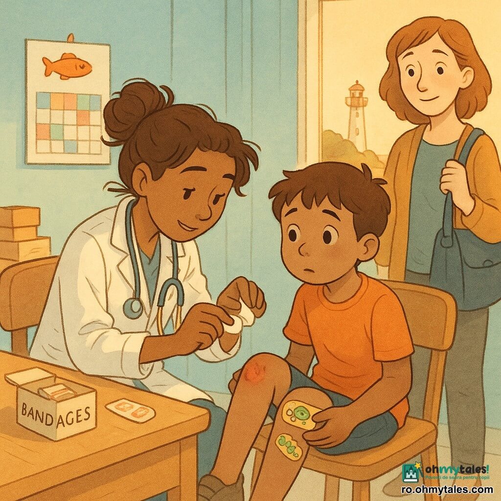 O femeie doctor tânără, zâmbitoare și liniștitoare, păr brun prins într-un coc ușor dezordonat, stetoscop la gât și halat alb mare, aplecată și concentrată, examinând cu gesturi blânde o mică rană; un băiat de circa 8 ani, Toma, cu genunchii juliti și un pansament cu căpșuni, față puțin anxioasă dar curioasă, stând pe un scaun; mama lui, aproximativ 35 de ani, îngrijorată dar ușurată, în picioare în spatele băiatului cu o geantă, zâmbind timid; cabinet mic și luminos cu fereastră spre mare și un far în depărtare, pereți albastru pal, masă din lemn deschis, calendar colorat, un peștișor din plastic și cutii de pansamente vizibile; moment calm de îngrijire: doctorița curăță rana cu o compresă, aplică un pansament mare decorat cu o broască țestoasă și spune cuvinte liniștitoare; lumină caldă de după-amiază, atmosferă blândă și sigură; culori pastel, linii rotunjite, texturi de hârtie și acuarelă, expresii faciale clare și gesturi expresive.