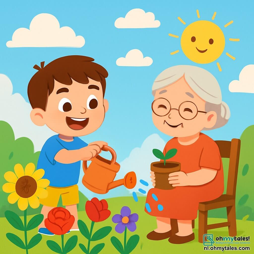 Een 4-jarig jongetje, Samir, met bruin haar en sprankelende ogen, glimlacht breed terwijl hij kleurrijke bloemen in de tuin water geeft. Hij draagt een felblauw t-shirt en een gele short, en hij lijkt erg gelukkig met een glinstering van opwinding op zijn gezicht. Naast hem zit zijn grootmoeder, een oudere vrouw met grijs haar en een zachte glimlach, op een houten stoel, terwijl ze een kleine potplant vasthoudt. Ze kijkt met trots en tederheid naar Samir. De tuin is gevuld met stralende bloemen, zoals rode rozen, gele zonnebloemen en viooltjes, onder een helderblauwe lucht met donzige witte wolken. De zon schijnt zachtjes en verlicht de scène met een warme gloed. Samir is vrolijk bezig met het water geven van de bloemen, terwijl zijn grootmoeder hem aanmoedigt met lieve woorden, wat een sfeer van geluk en delen creëert.