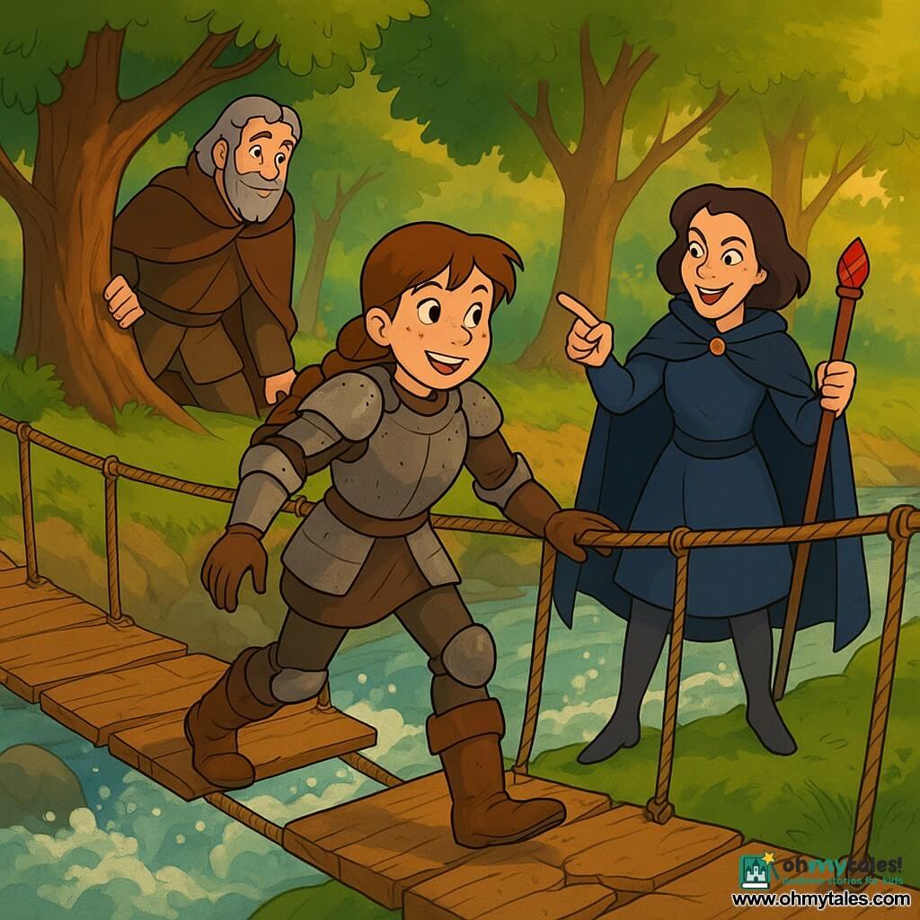 A young female knight of about 12, Elinor, round-faced with freckles and brown braided hair, wearing worn light plate armor and muddy leather boots, determined and joyful as she cautiously crosses a rickety rope bridge, right hand gripping the railing and foot on a cracked plank; Dame Mirabel, about 35, in a short midnight-blue knight's dress and cape, holding a ruby-topped staff and smiling mischievously while pointing; Sir Alderic, about 60, in a brown cloak with grey hair, perched on a low oak branch watching encouragemently; below, a roaring river with white splashes, grey rocks and green moss, tall trees with stripped trunks and golden sunbeams filtering through leaves — a safe, heroic, gently tense adventure scene with warm contrasting colors, clear lines and rounded forms.