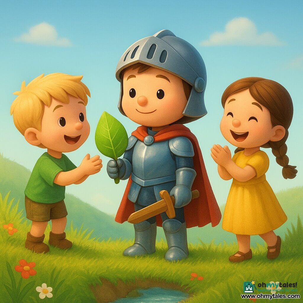 A young boy knight with a round face and gentle smile, small helmet, shiny red cape and smooth silver-blue armor holds a small wooden sword and offers a large green leaf like a medal; a ~5-year-old girl with braided brown hair in a yellow dress applauds to his right and a ~6-year-old blond boy in a green tee stands on a small mound to his left receiving the leaf; they stand on a grassy hilltop under a pale blue sky with tall blades of grass, simple red and white flowers, a sparkling stream below and a worn brown rope bridge the knight has just crossed; bright, warm late-afternoon light, vivid colors, centered composition, warm expressions, soft rounded toddler-friendly style.