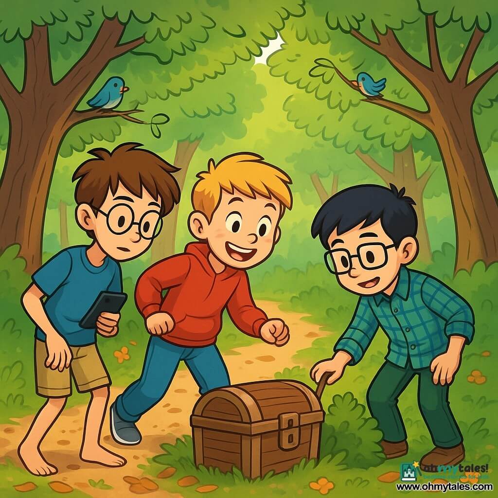 There are 3 characters: Jamie, a 10-year-old boy who is tall and thin, with messy brown hair and round glasses. He wears a blue t-shirt and beige shorts, holding a phone with a focused expression. Ben, a 9-year-old boy who is small and sturdy, has blonde hair and freckles. He wears a red sweatshirt and jeans, smiling widely and ready to run. Theo, a 10-year-old boy of medium height, has black hair and square glasses. He wears a plaid shirt and green pants, carefully observing the ground while holding a stick to examine clues. The three friends are on a narrow path surrounded by tall, gnarled trees with green leaves filtering sunlight. The ground is covered with dead leaves and small colorful flowers, while birds sing in the branches. The main scene shows the boys discovering a small wooden chest hidden under a bush, with expressions of excitement and curiosity on their faces. Jamie leans forward, holding the chest, while Ben and Theo look on in wonder, ready to uncover the mystery inside.
