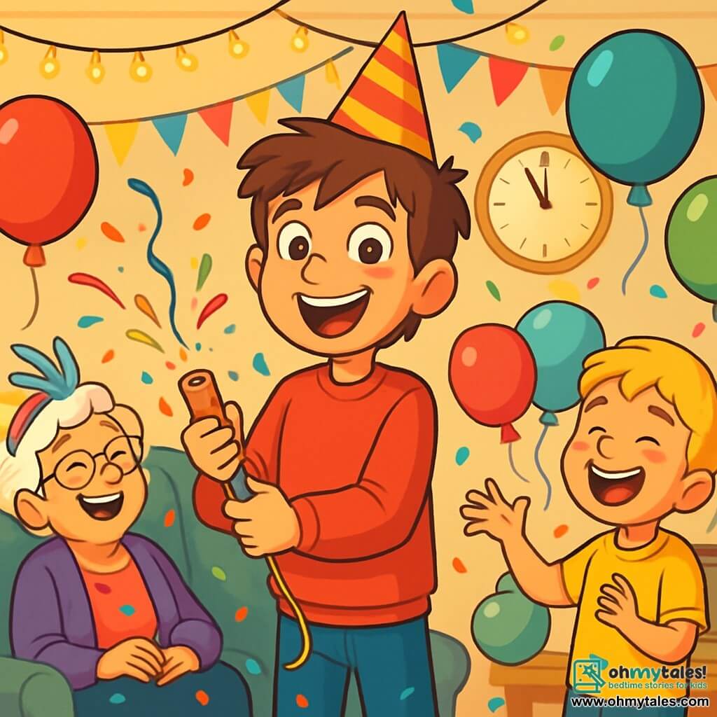 A 12-year-old boy with messy brown hair and sparkling eyes stands in the center of the room, wearing a bright red sweater and a paper party hat. His face is lit up by a wide smile, showing his excitement for the New Year’s party. Next to him, his 8-year-old little brother, with blonde hair and chubby cheeks, clumsily juggles colorful balloons, laughing heartily. Their 70-year-old grandmother sits on the couch, surrounded by confetti and wearing a feathered hat, joyfully watching the boys. The room is decorated with shimmering garlands, floating balloons, and a large golden clock showing nearly midnight. In the background, a table is laden with festive food and sparkling drinks. The main scene shows the boy ready to pull a string to release a shower of colorful confetti, while his brother and grandmother cheer him on with laughter, creating a festive and joyful atmosphere.