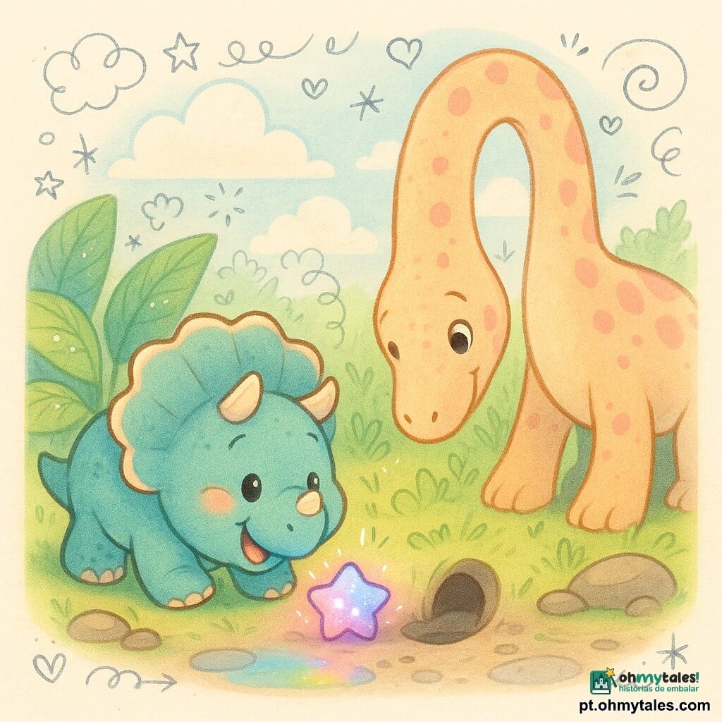 Tico, um triceratops redondo e macio, olhos brilhantes e largo sorriso, empurra com o focinho uma pequena pedra-estrela azul-rosa que cintila e solta partículas brilhantes; Lala, um dinossauro de pescoço comprido com pele em tons pastel e olhos ternos, inclina o pescoço para tirar a pedra de um pequeno buraco ao lado de Tico e o observa com afeto; cenário: clareira verde com folhas grandes e úmidas, uma poça que reflete cores do arco-íris, pedras lisas e céu com nuvens fofas; momento caloroso e luminoso de cooperação para salvar a pedra, atmosfera colorida, texturas suaves, traços arredondados e paleta pastel, com pequenos doodles de estrelas e gotas ao redor.