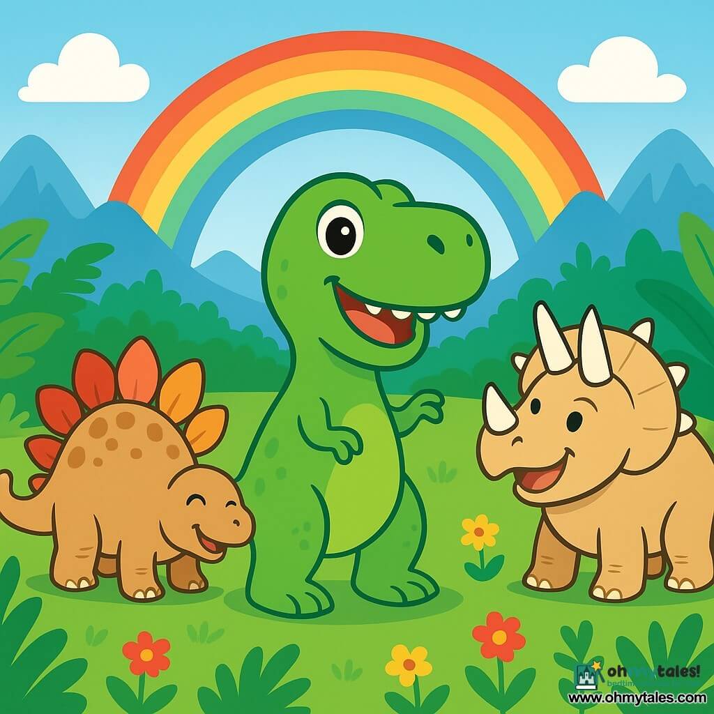A small Tyrannosaurus Rex named Tino, with bright green skin and sparkling curious eyes, stands at the center of the scene, a big smile on his joyful face. To his right, a triceratops named Dina, with her shiny three horns and beige skin, laughs at Tino, her sturdy legs planted in the soft grass. On the left, Sammy, a stegosaurus with colorful plates and a spiky tail, happily swings his tail, ready to play. The setting is a magical valley filled with large green ferns, vibrant flowers, and distant mountains under a clear blue sky. In the background, a shimmering rainbow appears after a light rain. The main situation shows Tino, excited and ready for adventure, while his friends encourage him to explore the wonders of their prehistoric world.