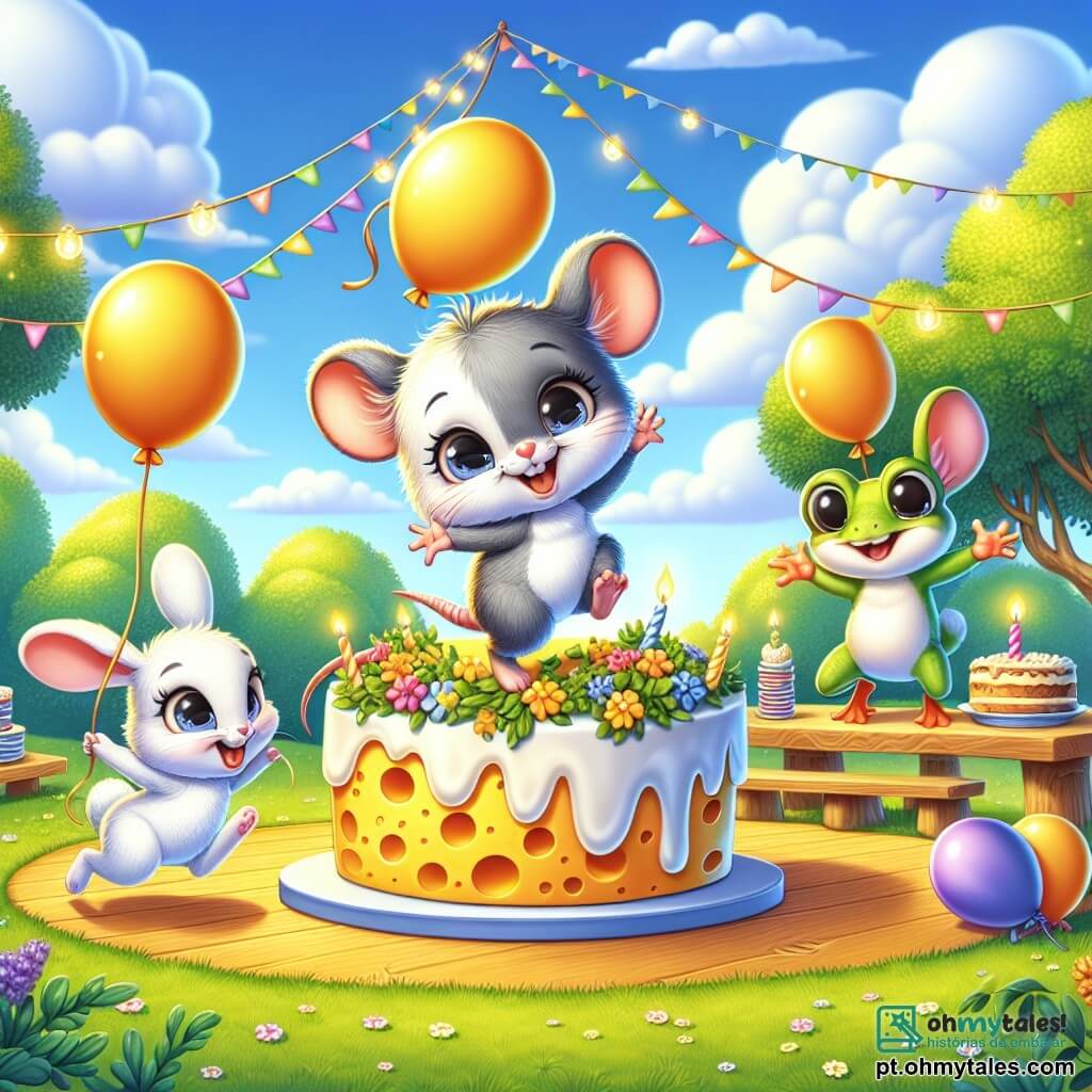 Uma pequena camundonga chamada Mimi, com pelagem cinza e olhos brilhantes de curiosidade, dança alegremente no meio de uma festa de aniversário, com um grande sorriso no rosto. Ao seu lado, uma coelhinha chamada Lili, com orelhas longas e pelagem branca, pula de alegria segurando um balão colorido. Perto dali, um sapo chamado Tico, com pele verde brilhante, faz movimentos engraçados em cima de uma pedra, acrescentando à atmosfera festiva. O cenário é uma clareira ensolarada, cercada por árvores com folhas verdes vibrantes, com uma grande mesa decorada com grinaldas coloridas e um enorme queijo dourado no centro. A cena transmite uma atmosfera de alegria e amizade, onde todos os animais se divertem juntos, dançando e celebrando sob um céu azul com nuvens brancas.