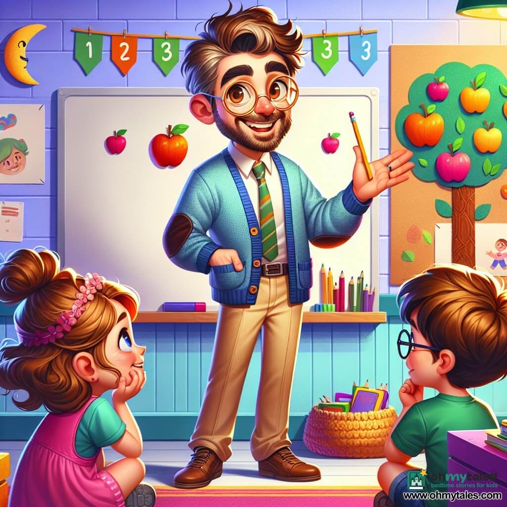 A smiling teacher in his forties, with slightly tousled brown hair and round glasses, stands in front of a whiteboard. He wears a blue cardigan with velvet elbows and beige pants. His expression is joyful and encouraging, and his eyes sparkle with enthusiasm as he points to paper apples hanging from a cardboard tree. Next to him, a 7-year-old girl named Maya, with curly hair and a pink dress, raises her hand curiously, looking at the teacher with admiration while holding a pencil. A 6-year-old boy, Nate, wearing glasses and a green t-shirt, sits on a cushion, looking thoughtful as he counts on his fingers. The scene takes place in a bright classroom filled with vibrant colors, with walls decorated with children's drawings and colorful numbers. A reading corner with soft cushions and a moon-shaped lamp adds warmth to the atmosphere. The teacher enthusiastically explains how to subtract paper apples, while the children listen attentively, their faces lit up with curiosity and excitement for learning.