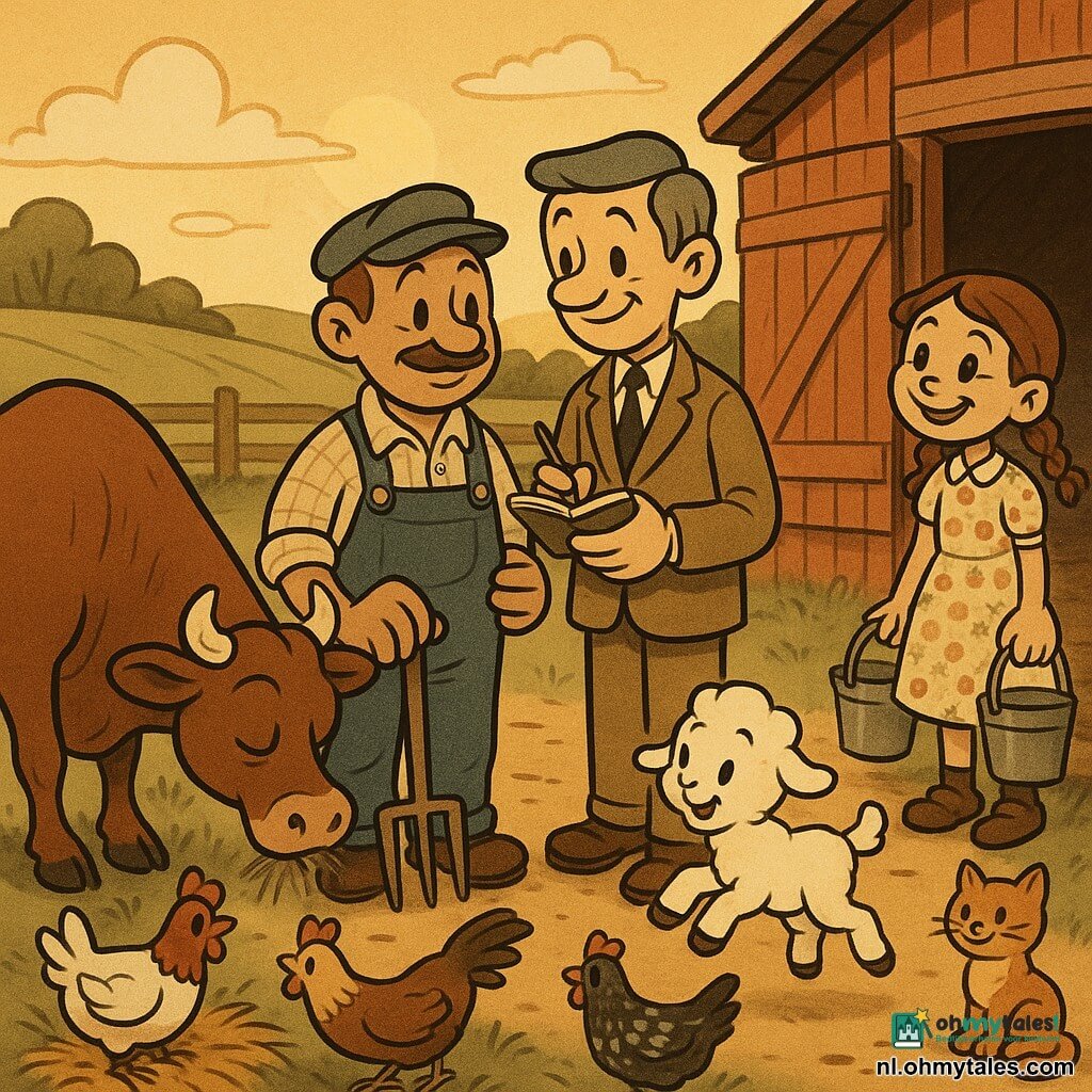 Een rustige boer met rond gezicht, gebruinde huid, korte snor en blauwe stoffen pet in een beige geruite blouse en spijkerbroek houdt een houten vork bij een grote zachte bruine koe genaamd Bente; een bezoeker van ongeveer 40 jaar in een kaki kostuum maakt aantekeningen, een meisje van circa 10 met gevlochten haar en bloemenjurk houdt een emmer bij de schuurdeur, een springend wit lam bij de voeten van de boer, een rode poes op de drempel en kleurrijke kippen pikken rond stro; zonnige boerenerf met een rode houten schuur, groene velden en zachte heuvels op de achtergrond, avondrust en gouden zonlicht.