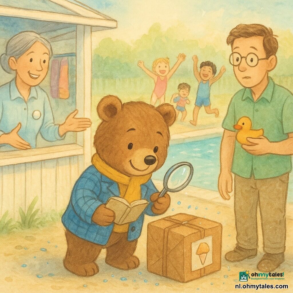 Een klein detectivebeertje met bruin zacht haar en grote ronde poten staat bij een houten tafel, geconcentreerde blije blik, draagt een glimmende loep in één poot en een open notitieboek in de andere, blauwe geruite jas en gele sjaal, hij houdt zijn hoofd schuin en wijst naar een bruin pakket met een ijsje-etiket; links een glimlachende vrouwelijke kampleider met grijs haar in een knot, lichte blouse en badge, uitleggende houding bij een wit kiosk, rechts een wat verlegen mannelijke kampleider in groen overhemd en ronde bril met een rubber bootje en zand aan zijn schoenen die het beertje dankbaar aankijkt; op de achtergrond rennende kinderen in kleurrijke badpakken met roze en blauwe zwemboeien naar een helder turquoise buitenzwembad met nat betegelde rand, witte handdoeken aan het kiosk, wat gras en een open bruine parkdeur; hoofdactie: ontdekking en uitleg van een verrassingspakket bij de bassinpoort, samenwerkende lichte sfeer in pastelkleuren bij namiddagzon, met blauwe confetti rond het pakket en glanzende reflecties op de loep en het water.