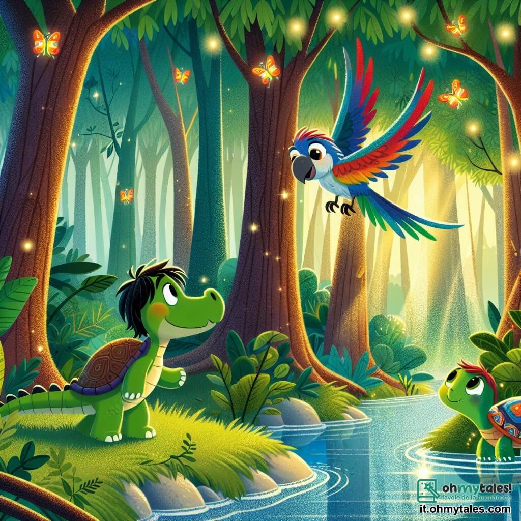 Un giovane coccodrillo di nome Carlo, con una pelle verde brillante e grandi occhi curiosi, si trova sulla riva di un ruscello, con un sorriso gioioso sul volto, pronto per l'avventura. Accanto a lui, Gina la tartaruga, una tartaruga saggia con un guscio colorato e occhiali rotondi, osserva attentamente il ruscello, riflettendo sul modo migliore per attraversarlo. Leo il pappagallo, un pappagallo dalle piume rosse e blu, vola sopra di loro, con le ali spiegate, pronto a guidarli. Il contesto è una foresta magica, con alberi maestosi e foglie verdi scintillanti sotto i raggi del sole, e lucciole che illuminano l'aria con la loro dolce luce. La scena principale mostra Carlo, Gina e Leo uniti nel tentativo di costruire un ponte di rami per attraversare il ruscello, simboleggiando il loro coraggio e la loro amicizia.