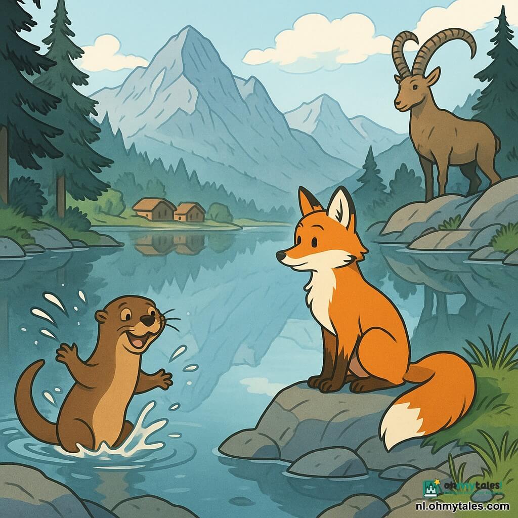 Een antropomorfe roodvos (jongvolwassen) zit op een klein rotsrichel, verwonderd en kalm, feloranje vacht met witte borst, slank snoet en grote pluimstaart in een lus, kijkend naar het spiegelende water; een gladde bruine otter dichtbij de oever links voorgrond, vrolijk en speels, spat zacht met haar poten; een majestueuze almibex op een hoge rotskam rechtsachter als waakzame figuur; locatie: een zeer rustig alpenmeer dat bergen en wolken weerspiegelt, dicht opeengepakte houten huisjes aan de oever, koele kleuren met lichte mist, natte blauwgrijze rotsen, wilde grassen en donkere dennen; situatie: moment van contemplatie na een reis — de vos kijkt naar het stille meer, de otter speelt en de ibex waakt vanuit hoogte, zachte ochtendlichtsfeer, vredig en licht magisch.