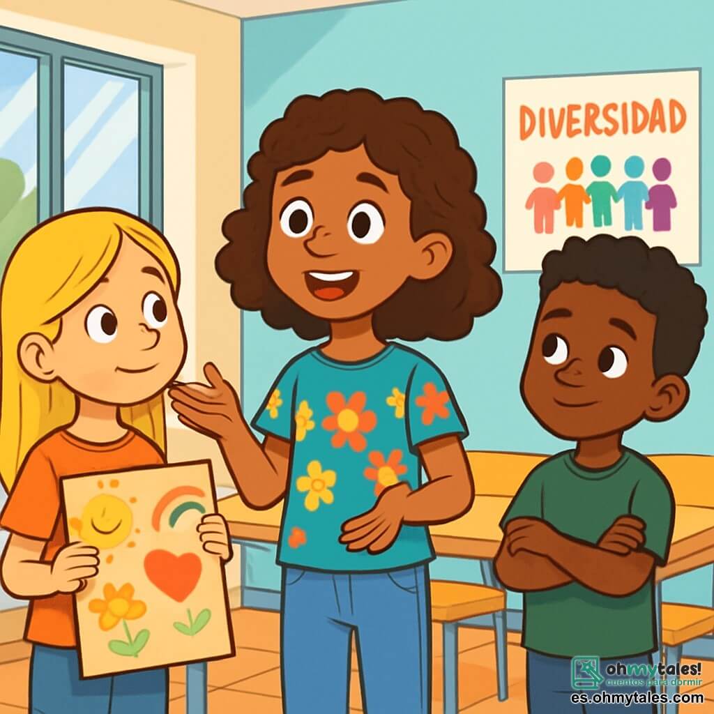 Una niña de 10 años, Sofía, con cabello castaño y rizado, piel color caramelo y una sonrisa cálida y curiosa, se encuentra en el centro. Lleva una camiseta colorida con motivos de flores y unos jeans. Junto a ella, Ana, también de 10 años, con cabello rubio y liso y piel clara, la mira con admiración, sosteniendo un cartel de cartón decorado con dibujos alegres. Un niño de 10 años, Malik, de origen africano, con piel oscura y cabello rizado, está un poco apartado, con los brazos cruzados y una sonrisa tímida, mostrando interés en la conversación. La escena tiene lugar en un aula luminosa, con paredes pintadas de azul claro, carteles coloridos sobre el respeto y la diversidad, y ventanas que dejan entrar la luz del sol. Sofía, rodeada de sus amigos, comparte su experiencia sobre el racismo con gestos expresivos, mientras Ana y Malik la escuchan atentamente, reflejando empatía e interés por su historia.