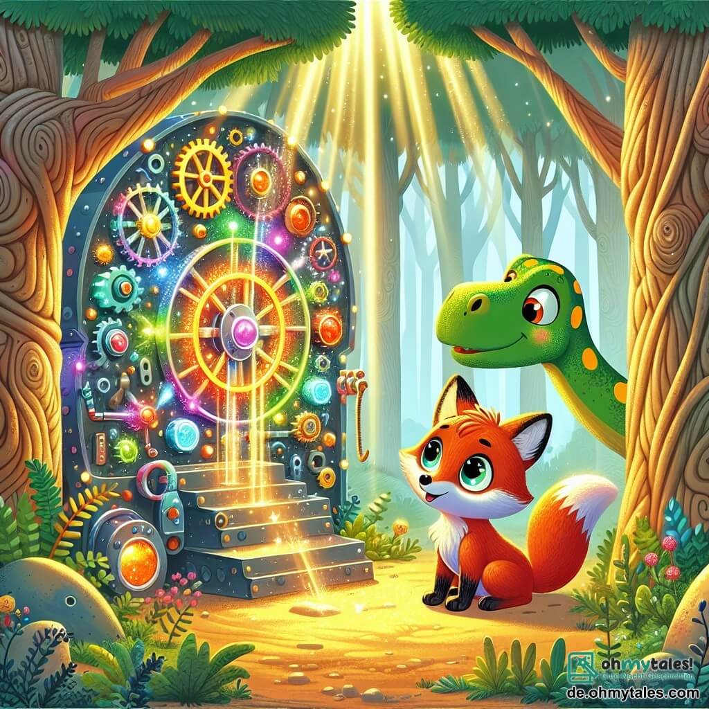 Ein junger Fuchs mit funkelnden Augen und strahlend rotem Fell steht in der Mitte der Szene, mit einem Ausdruck von Neugier und Staunen im Gesicht. Er erkundet eine geheimnisvolle, glänzende Maschine, die mit bunten Lichtern und funkelnden Zahnrädern geschmückt ist und voller Energie zu vibrieren scheint. Neben ihm schaut ein großer Diplodocus mit langem Hals und grüner Haut mit gelben Flecken den Fuchs freundlich an, seine Augen strahlen Wohlwollen aus. Er steht leicht im Hintergrund und beobachtet die Maschine mit einem neugierigen Blick. Die Szenerie ist eine sonnige Lichtung, umgeben von hohen, knorrigen Bäumen mit üppigem Laub, durch das Lichtstrahlen filtern und eine magische Atmosphäre schaffen. Die Hauptsituation zeigt den Fuchs, der fasziniert bereit ist, einen Hebel der Maschine zu betätigen, während der Diplodocus ihn freundlich ermutigt, was eine Szene voller Abenteuer und Geheimnis schafft.