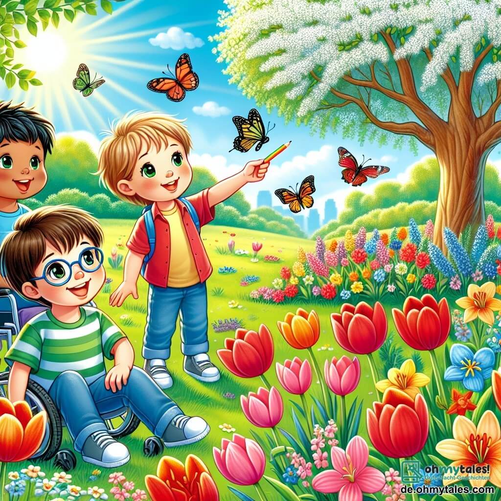 In einem Frühlingsgarten spielen vier Kinder fröhlich. Luca, ein 8-jähriger Junge mit braunen Haaren und einer Brille, sitzt auf dem Gras und hält einen bunten Stift. Neben ihm zeigt Max, ein 7-jähriger Junge mit blonden Haaren und funkelnden Augen, einen schönen Schmetterling. Tim, ein 6-jähriger Junge mit schwarzen Haaren und einem strahlenden Lächeln, steht und zeigt auf einen blühenden Baum. Schließlich sitzt Jonas, ein 9-jähriger Junge mit kastanienbraunen Haaren und einem breiten Lächeln, in seinem Rollstuhl, umgeben von seinen Freunden, und schaut staunend zum Himmel.

Der Garten ist voller bunter Blumen: rote Tulpen, gelbe Narzissen und blaue Veilchen. Die Sonne scheint und erhellt die Gesichter der Kinder. Ein großer Baum mit einladendem Schatten steht in der Mitte, seine Äste sind mit weißen und rosa Blumen bedeckt.

Die Kinder zeichnen Blumen und Landschaften auf Papier, lachen und haben Spaß, während ein kleiner Vogel fröhlich auf einem nahegelegenen Ast singt.