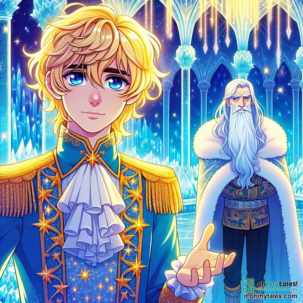 Un giovane principe di nome Armin, di circa 15 anni, si trova coraggiosamente al centro della scena. Ha capelli dorati che brillano come il sole al tramonto e occhi blu profondo, pieni di determinazione. Il suo volto esprime una dolce nervosità, mentre indossa una tunica elegante decorata con motivi stellati e pantaloni di velluto. Sta tendendo la mano verso il Re Gelido, un re imponente di circa cinquant'anni, con una lunga barba bianca e occhi blu ghiacciati, che si trova a pochi passi da lui, con un'espressione pensierosa. Il luogo è un maestoso castello di ghiaccio, con muri scintillanti e colonne scolpite nel cristallo, illuminato da raggi di luce che filtrano attraverso finestre a forma di fiocco di neve. Fiocchi di neve cadono dolcemente intorno a loro, creando un'atmosfera magica e incantevole. La scena principale mostra Armin che plede per la pace, alzando la mano con speranza, mentre il Re Gelido, toccato dalle sue parole, inizia a ammorbidire la sua espressione severa, lasciando trasparire un barlume di calore nei suoi occhi di ghiaccio.