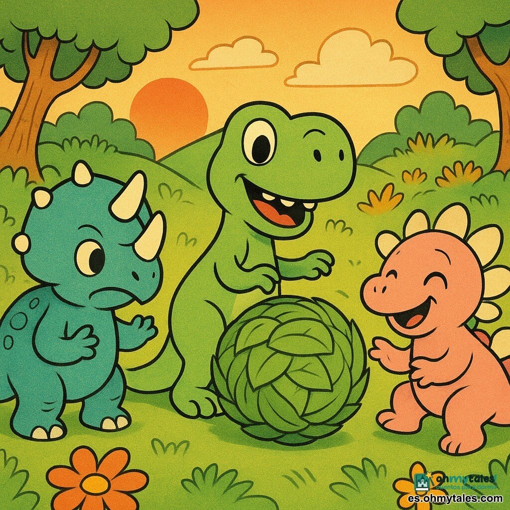 Un pequeño Tyrannosaurus Rex llamado Tito, verde claro con grandes ojos redondos, dientes no amenazantes, patas cortas y larga cola flexible, sonríe mientras empuja suavemente una gran pelota de hojas; Dino, el tricératops azul de tres cuernos y caparazón texturizado, a la izquierda primero parece contrariado y luego alegre, listo para aplaudir; Rina, el anquilosaurio/estegosaurio rosa pálido con placas redondeadas en la espalda, a la derecha golpea la pelota con la cola y se ríe; al fondo, pequeños dinosaurios de colores forman un círculo aplaudiendo y saltando; todo ocurre en un claro luminoso de un gran bosque con troncos sinuosos, flores estilizadas, césped ondulado, montañas redondeadas y un cielo de atardecer cálido; escena principal: los tres amigos juegan con la pelota de hojas en un ambiente alegre y seguro.