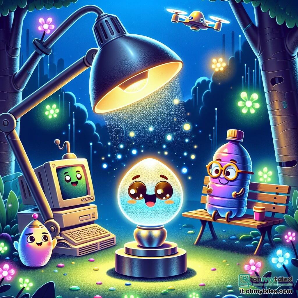 Un piccolo personaggio luminoso, simile a una lampada da scrivania con un volto sorridente, brilla di eccitazione, i suoi occhi scintillanti di curiosità mentre si trova al centro di un parco futuristico, circondato da fiori luminescenti. Accanto a lui, una bottiglia d'acqua colorata, con un sorriso gioioso, balla sul posto, mentre un vecchio computer, con occhiali e un'espressione saggia, osserva con orgoglio, seduto su una panchina. Il parco è pieno di alberi con tronchi metallici e foglie fluorescenti, mentre droni fluttuano dolcemente sopra, illuminando il cielo con una luce soffusa. La scena principale mostra il piccolo personaggio luminoso e i suoi amici mentre celebrano il loro successo dopo aver ripristinato una grande lampada che illumina tutto il parco, creando un'atmosfera calda e gioiosa.