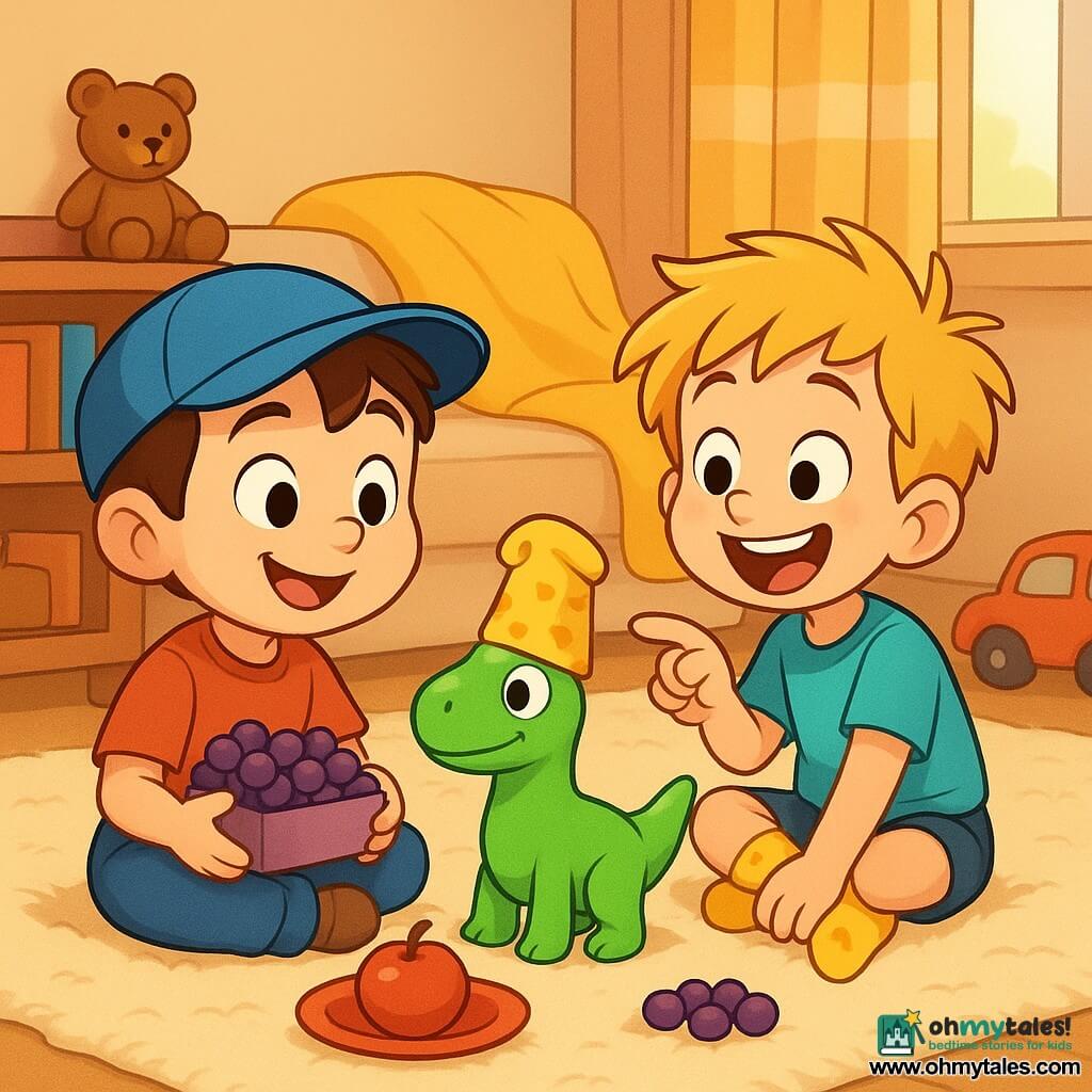 Two main characters: a 4-year-old brown-haired boy with a blue cap and round cheeks sitting on the left holding a small box of grapes and smiling at a toy, and a 4-year-old blond boy with tousled hair and yellow duck-pattern socks sitting on the right, laughing and pointing at a bright green plastic toy dinosaur wearing a yellow duck-pattern sock on its head; the dinosaur sits between them. Warm daytime living room with a cream plush rug, a yellow wool blanket folded like a sun on the couch, a low shelf with colorful books and a teddy bear, soft light from a window with striped curtains, scattered toys (red car, blue cushion). They have opened their treasure under the blanket and are preparing a small picnic with apples and grapes; joyful, safe atmosphere, clear composition, saturated contrasting colors, large readable expressions, 3D cartoon cel-shading style with sharp shadows and defined outlines.