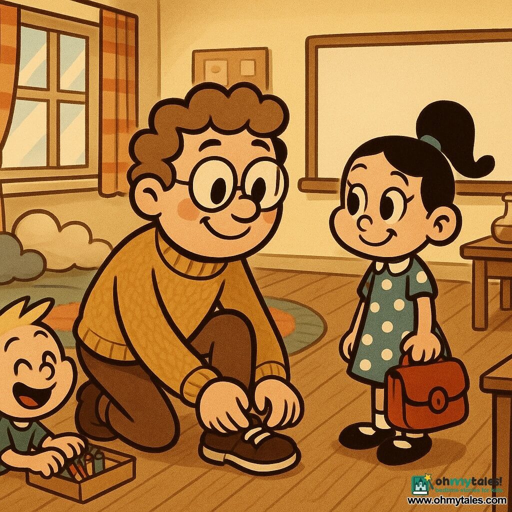 A round-faced smiling male teacher with light brown curly hair, brown eyes, wearing a mustard wool sweater and round glasses kneels to gently tie a pupil's shoe, warm attentive expression; to his right a 7-year-old girl with a black ponytail in a blue polka-dot dress holds a red satchel and watches admiringly by a colorful rug; to his left a laughing 6-year-old boy with short blond hair and a green t-shirt plays with a box of crayons on the science table; bright classroom with cream walls, a large window with a striped curtain, a reading corner with cloud cushions, a wooden table with curious objects and a large whiteboard—calm morning scene with warm colors, clear contrasts and visible wool and wood textures.