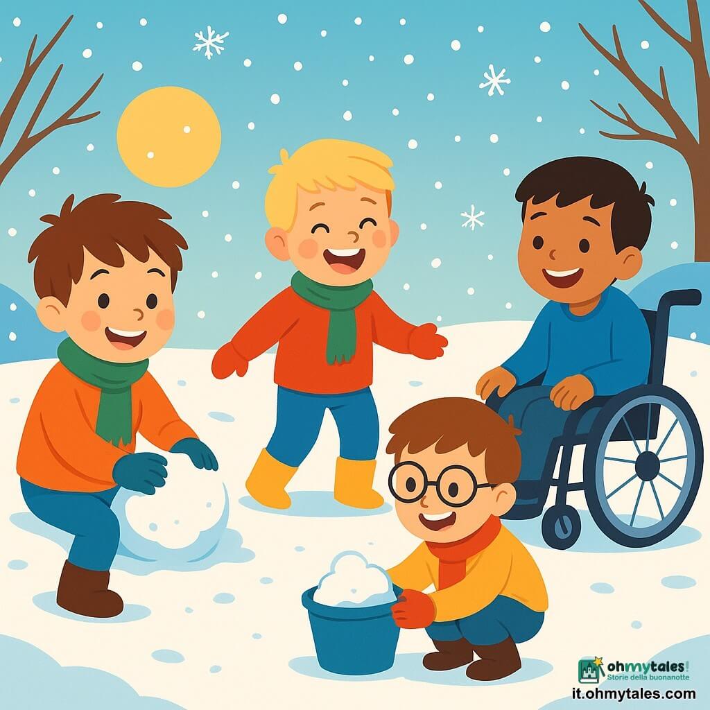 Ci sono 4 bambini: Leo, un ragazzo di 6 anni con capelli castani e un sorriso splendente, seduto sulla neve mentre modella una palla di neve; Tommi, un ragazzo di 5 anni con capelli biondi e guance rosa, in piedi e ridendo con stivali che affondano nella neve; Gigi, un ragazzo di 6 anni con occhiali e capelli castani, accovacciato con un secchiello di neve pronto a fare una tortina; Nico, un ragazzo di 7 anni con capelli neri e un grande sorriso, seduto su una sedia a rotelle, osserva felice i suoi amici. Il luogo è un giardino d'inverno coperto da uno spesso strato di neve scintillante sotto il sole al tramonto, con alberi spogli intorno e fiocchi di neve che cadono dolcemente dal cielo blu chiaro, creando un'atmosfera magica. I bambini giocano insieme nella neve, ridendo e divertendosi a fare palle di neve e tortine, mentre Nico li incoraggia dalla sua sedia a rotelle.
