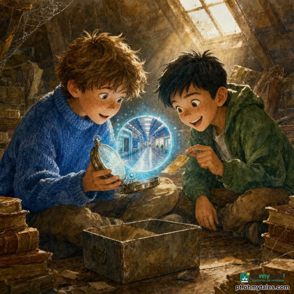 Dois meninos principais: Tomás, cerca de 10 anos, cabelo castanho claro despenteado, sardas, suéter grosso azul, sentado à esquerda no assoalho do sótão, segurando um grande relógio de bolso metálico brilhante com uma pequena luz azul intermitente; Rui, cerca de 10 anos, cabelo preto curto, sorriso maroto, jaqueta verde, sentado à direita inclinado para Tomás, segurando um bilhete amarelado entre os dedos e olhando surpreso para a luz do relógio. Local: sótão empoeirado e acolhedor com tábuas de madeira antigas, raios de luz dourada por uma claraboia, pilhas de livros de capa de couro, uma caixa metálica amassada aberta aos pés, teias de aranha delicadas e tons sépia com toques de azul e verde. Situação: os dois descobrem um grande relógio mágico que se abre como uma janela luminosa; a luz azul forma uma janela redonda mostrando um corredor escolar futurista; o bilhete amarelado flutua entre eles; expressões de assombro e concentração, postura cúmplice e atmosfera de aventura terna e ligeiramente misteriosa.