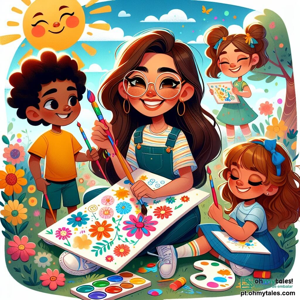 Clara, uma mulher alegre com longos cabelos castanhos e óculos redondos, sorri amplamente enquanto segura um pincel colorido na mão. Ela está cercada por cores vibrantes, pintando um grande papel branco com padrões de flores e sol, expressando sua paixão pela arte. Lucas, um menino de 7 anos com cabelos cacheados e uma camiseta amarela, está sentado ao seu lado, segurando um pincel em forma de sol, com um grande sorriso no rosto. Sofia, uma menina de 6 anos com cabelos longos e loiros, está do outro lado, pintando flores multicoloridas, com os olhos brilhando de excitação. Pedro, um menino de 8 anos com óculos e cabelos castanhos, se concentra em uma grande árvore que está desenhando, sentado um pouco afastado. A cena acontece em um parque ensolarado, cercado por árvores verdes e flores coloridas, sob um céu azul brilhante. Risadas de crianças e explosões de cores flutuam no ar, criando uma atmosfera alegre e criativa. A situação principal mostra Clara e as crianças pintando juntas, compartilhando risadas e histórias, enquanto criam uma linda exposição de arte ao ar livre.
